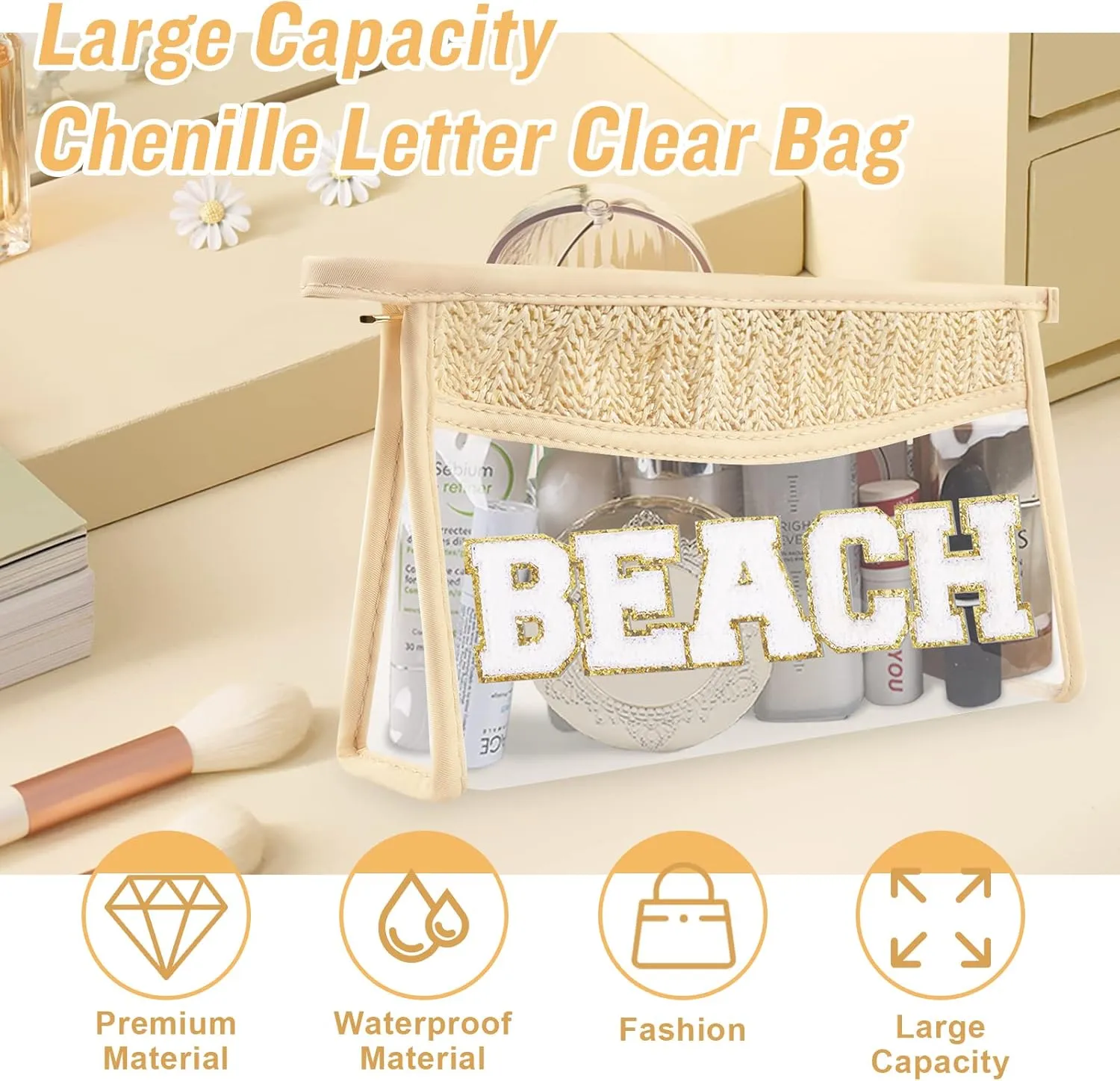 Iqimott 2 Clear Patch Makeup Bags, Boho Beach Swim Waterproof Zipper Toiletry Pouch for Women Girls, Clear Letter Patch Cosmetic Bag for Travel