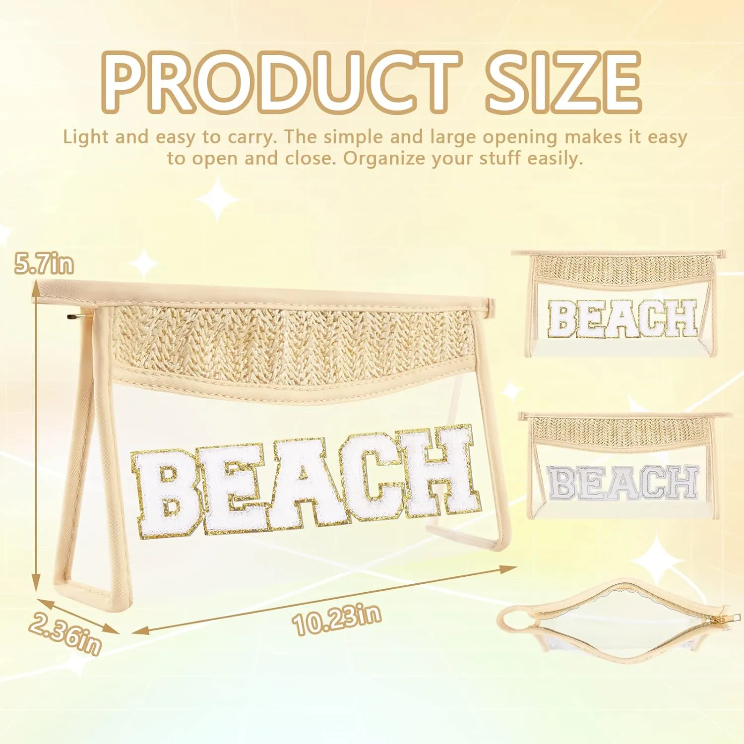 Iqimott 2 Clear Patch Makeup Bags, Boho Beach Swim Waterproof Zipper Toiletry Pouch for Women Girls, Clear Letter Patch Cosmetic Bag for Travel