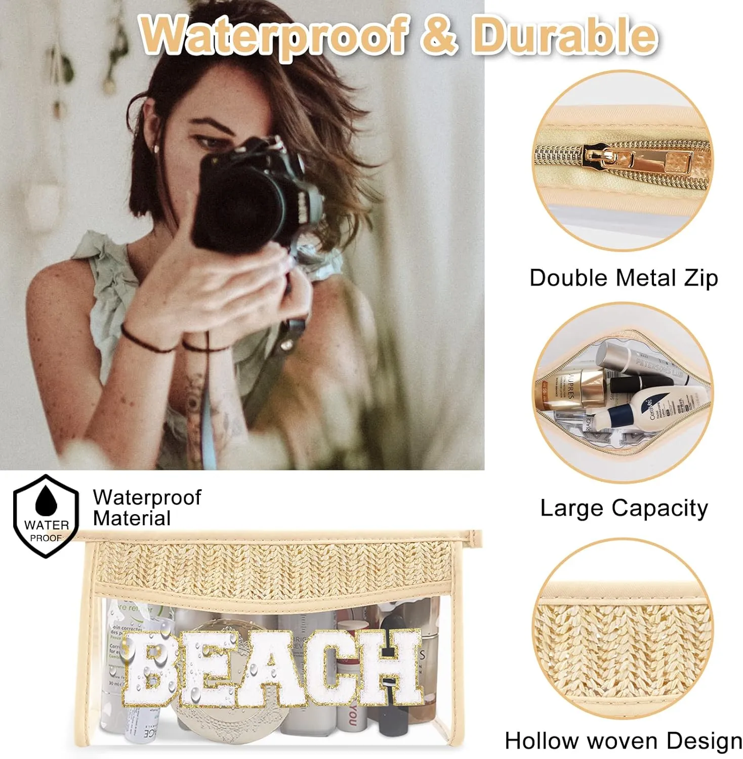 Iqimott 2 Clear Patch Makeup Bags, Boho Beach Swim Waterproof Zipper Toiletry Pouch for Women Girls, Clear Letter Patch Cosmetic Bag for Travel
