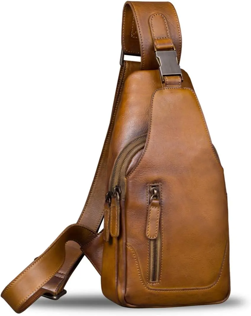 IVTG Genuine Leather Sling Bag for Men and Women Chest Shoulder Crossbody Hiking Backpack Vintage Handmade Daypack