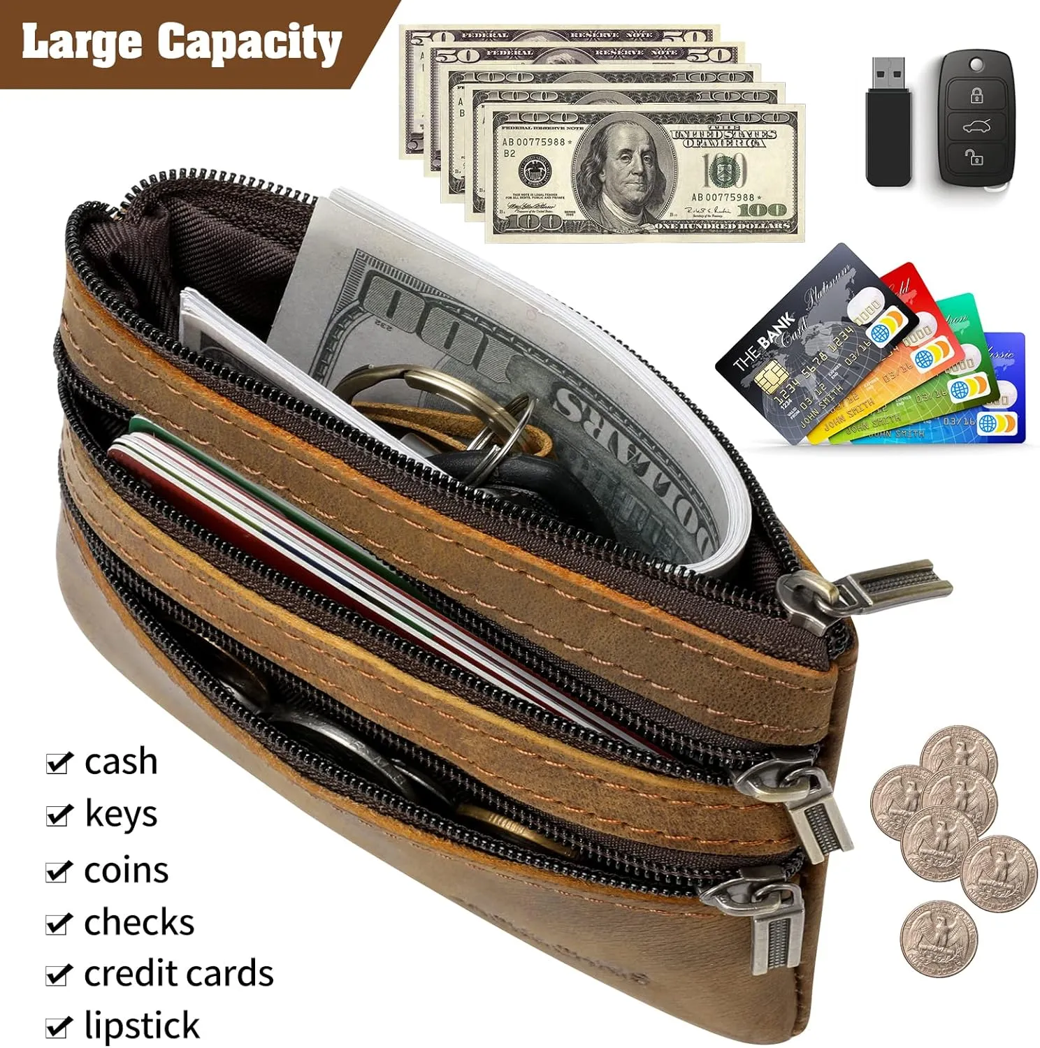 Jack&Chris Coin Purse Pouch for Men, Genuine Leather Coin Purse Zipper Pocket with Keychain Ring, Coin Bag for Men,JC301-8