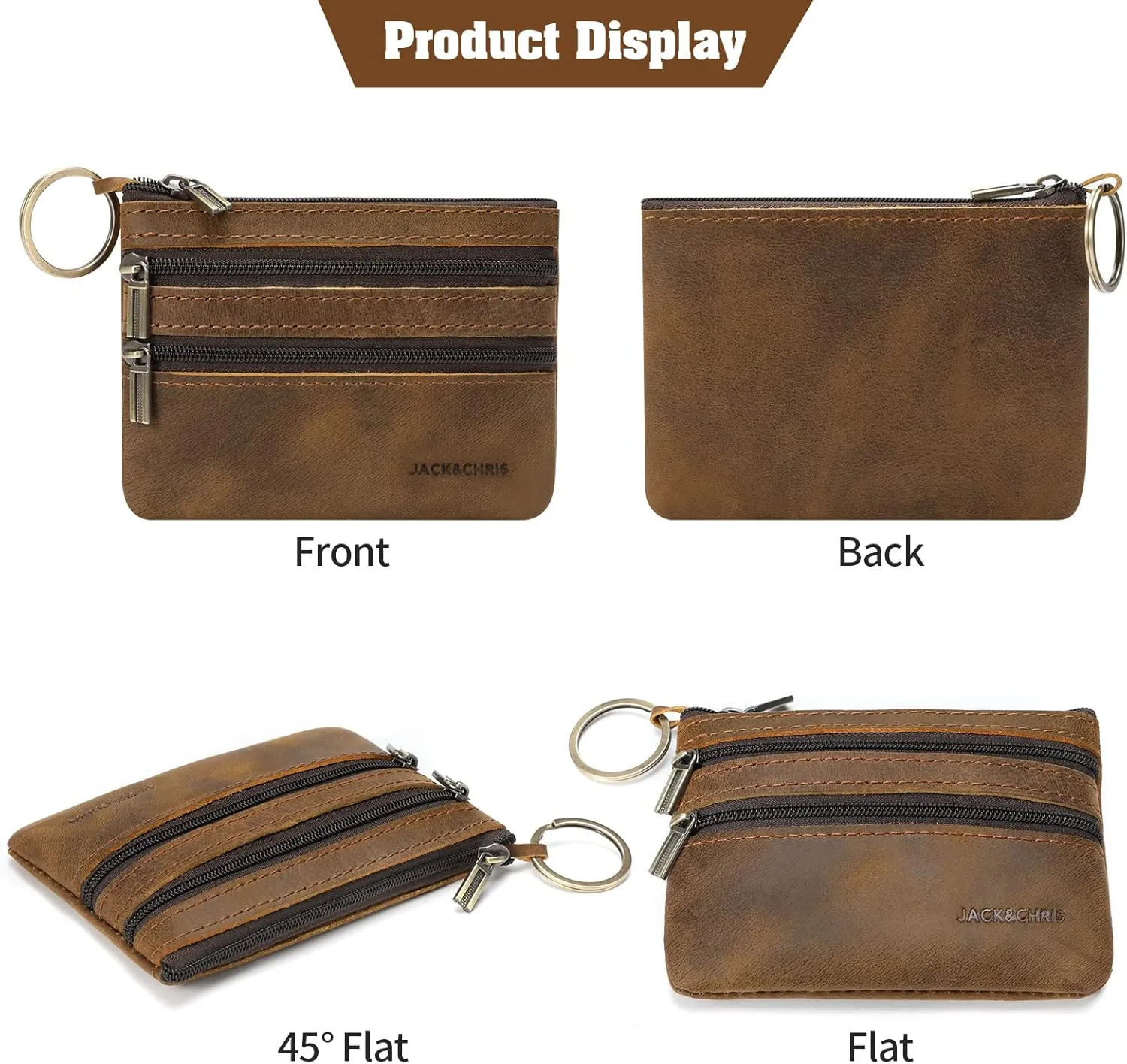 Jack&Chris Coin Purse Pouch for Men, Genuine Leather Coin Purse Zipper Pocket with Keychain Ring, Coin Bag for Men,JC301-8
