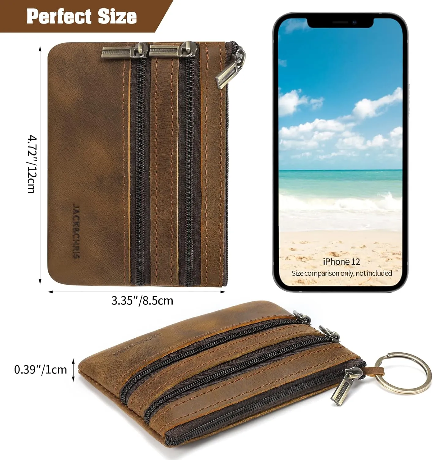 Jack&Chris Coin Purse Pouch for Men, Genuine Leather Coin Purse Zipper Pocket with Keychain Ring, Coin Bag for Men,JC301-8