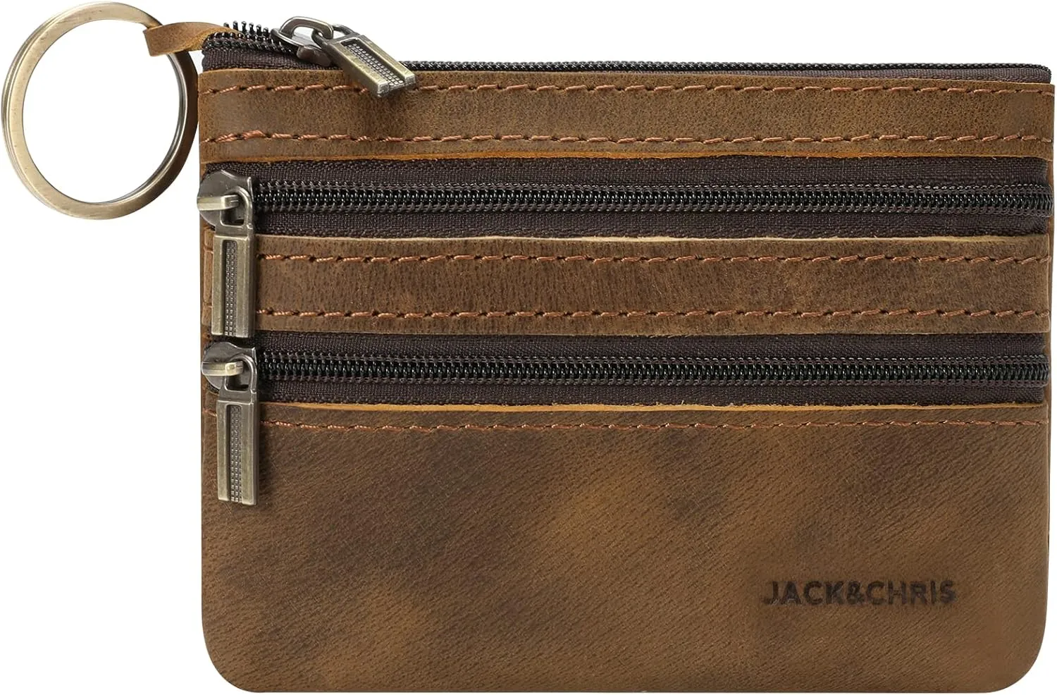 Jack&Chris Coin Purse Pouch for Men, Genuine Leather Coin Purse Zipper Pocket with Keychain Ring, Coin Bag for Men,JC301-8