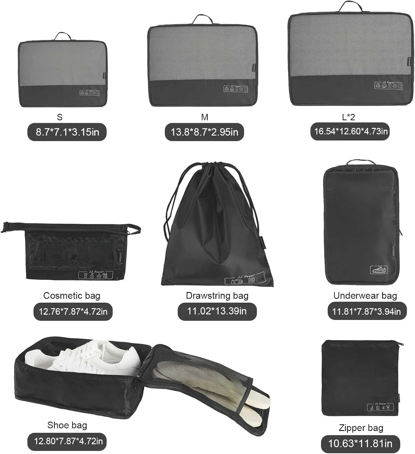 JJ Power 9 Set Packing Cubes for Suitcases, Travel Essentials for Carry on, Luggage Organizer Bags All Included(Black)
