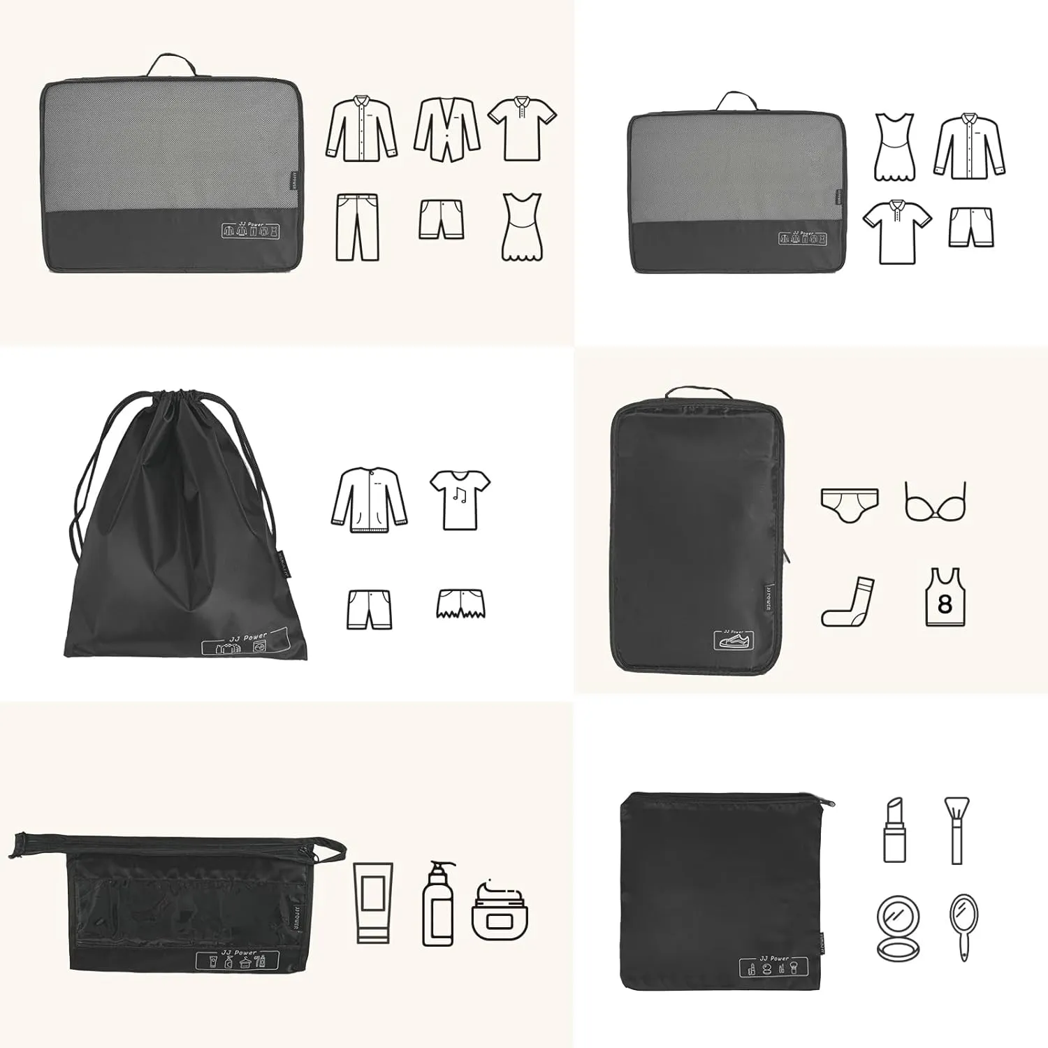 JJ Power 9 Set Packing Cubes for Suitcases, Travel Essentials for Carry on, Luggage Organizer Bags All Included(Black)