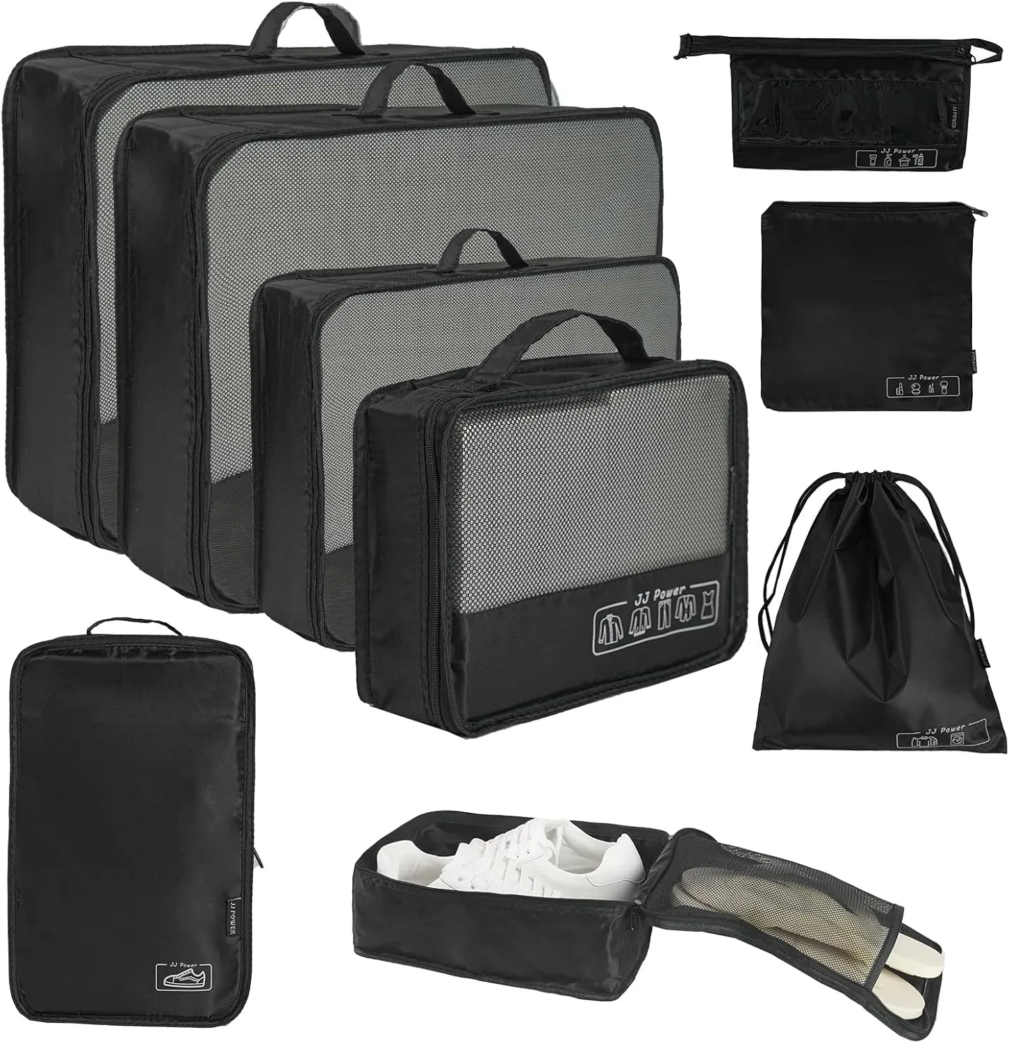 JJ Power 9 Set Packing Cubes for Suitcases, Travel Essentials for Carry on, Luggage Organizer Bags All Included(Black)