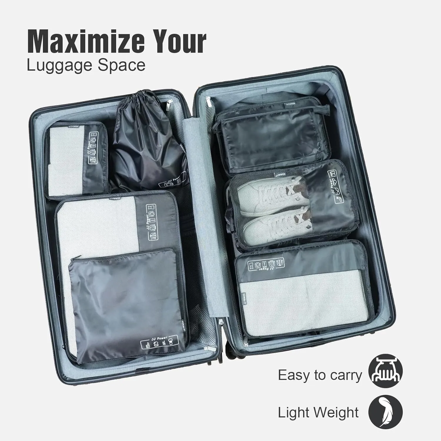 JJ Power 9 Set Packing Cubes for Suitcases, Travel Essentials for Carry on, Luggage Organizer Bags All Included(Black)