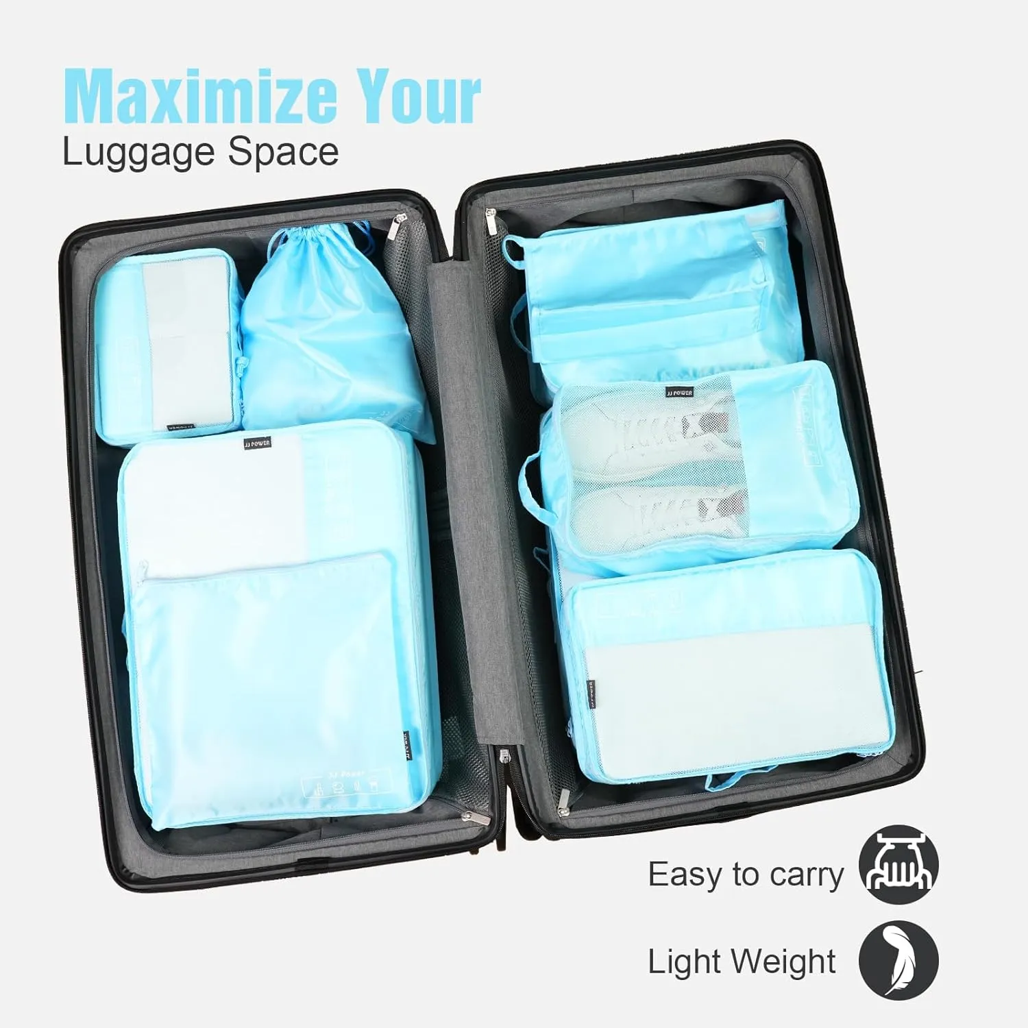 JJ Power 9 Set Packing Cubes for Suitcases, Travel Essentials for Carry on, Luggage Organizer Bags All Included(Blue)