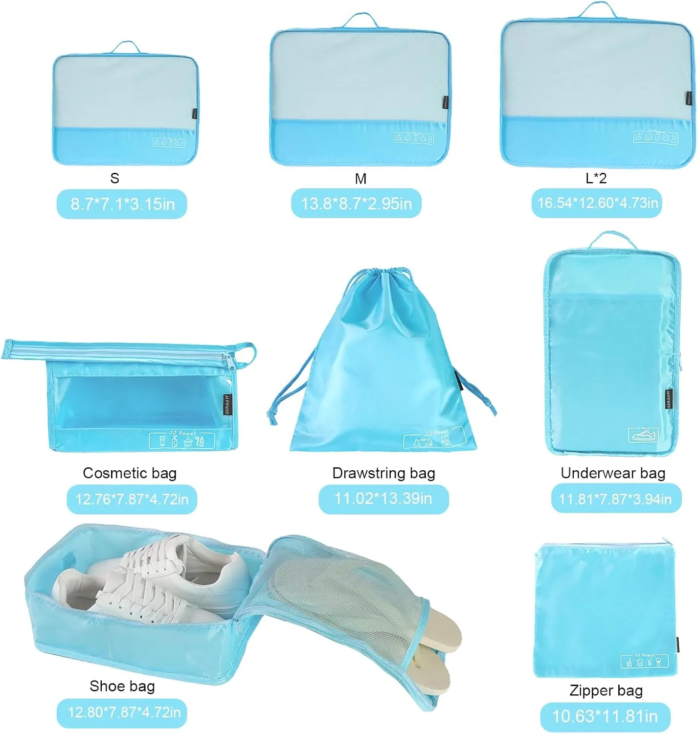 JJ Power 9 Set Packing Cubes for Suitcases, Travel Essentials for Carry on, Luggage Organizer Bags All Included(Blue)