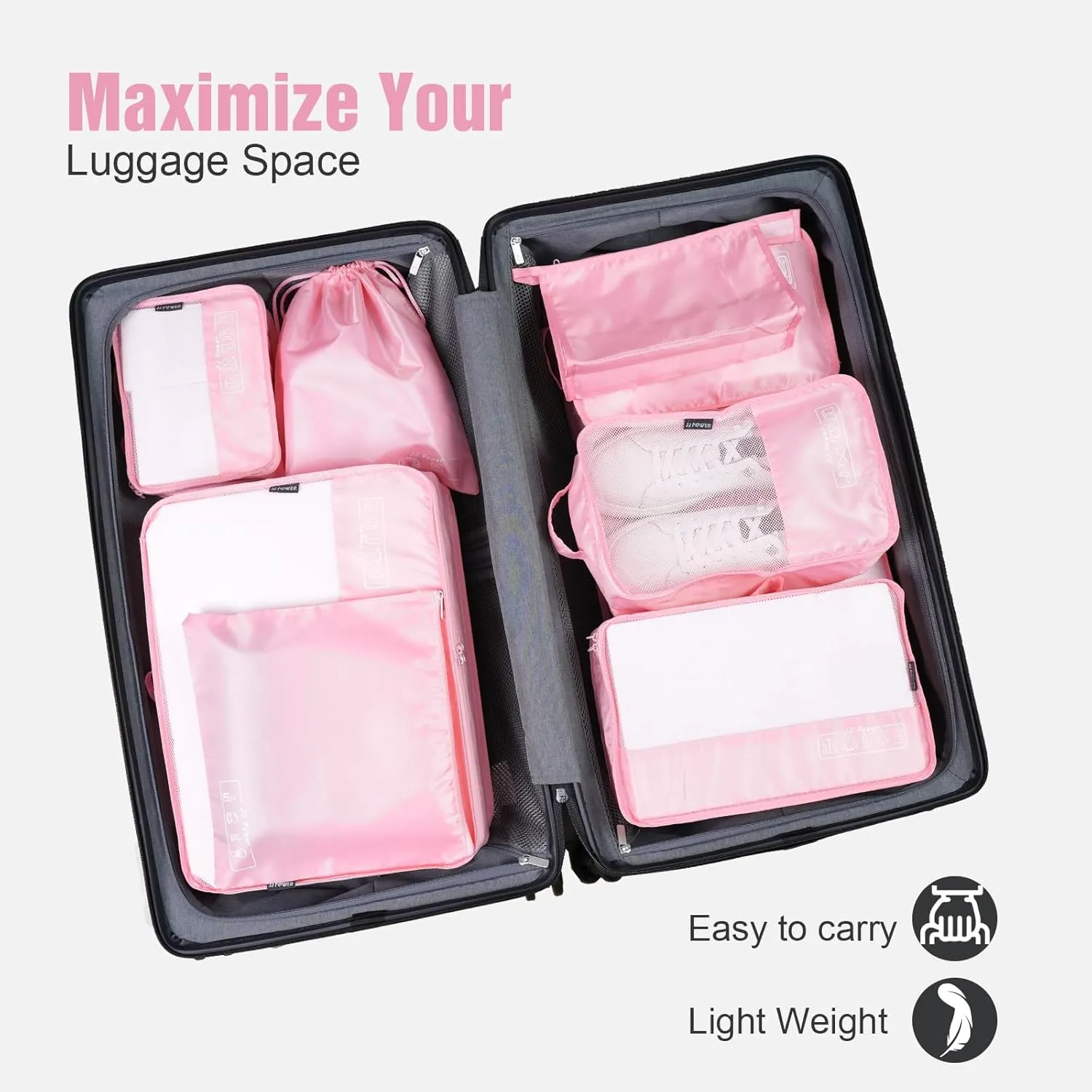 JJ Power 9 Set Packing Cubes for Suitcases, Travel Essentials for Carry on, Luggage Organizer Bags All Included(Pink)