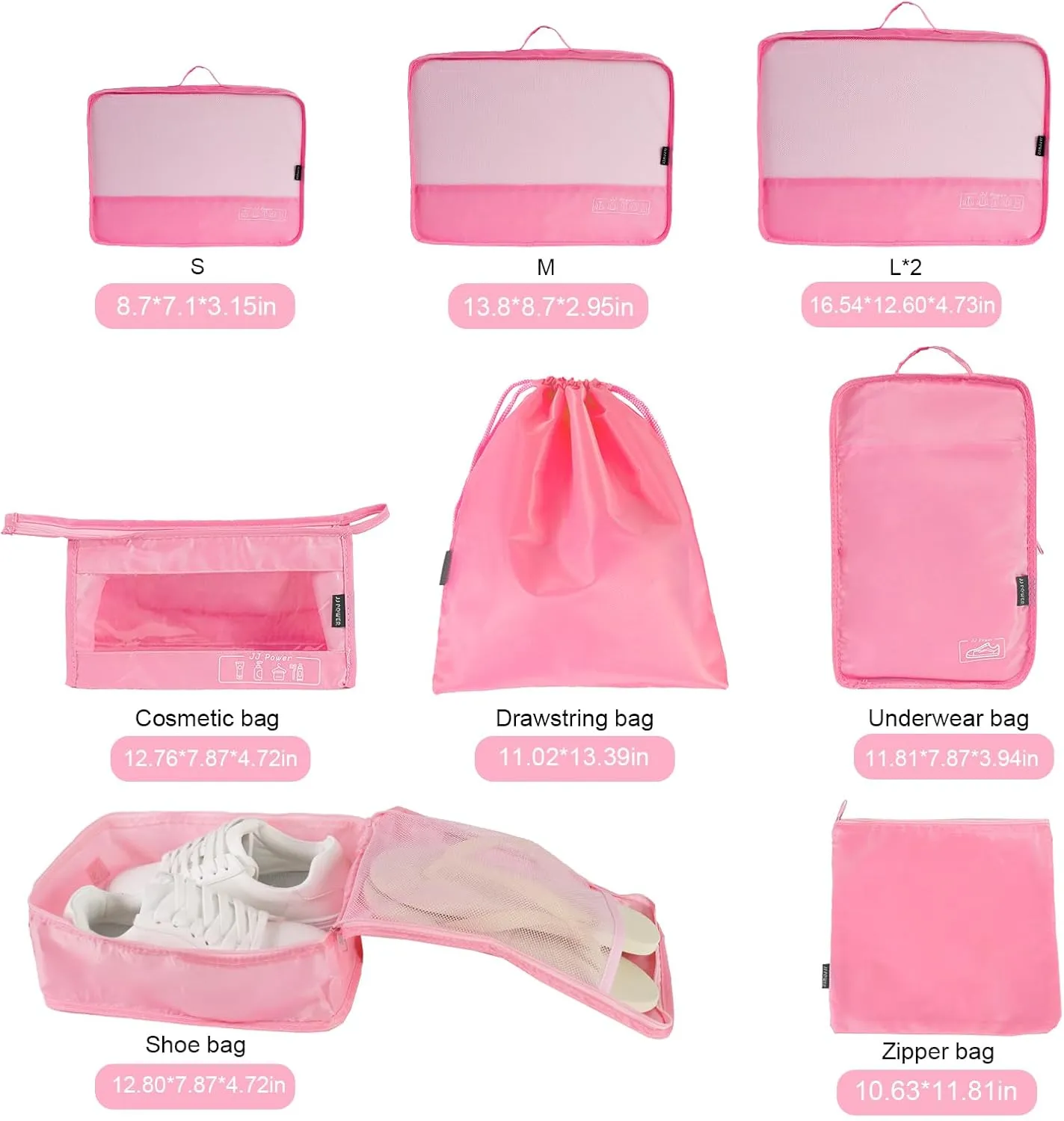 JJ Power 9 Set Packing Cubes for Suitcases, Travel Essentials for Carry on, Luggage Organizer Bags All Included(Pink)