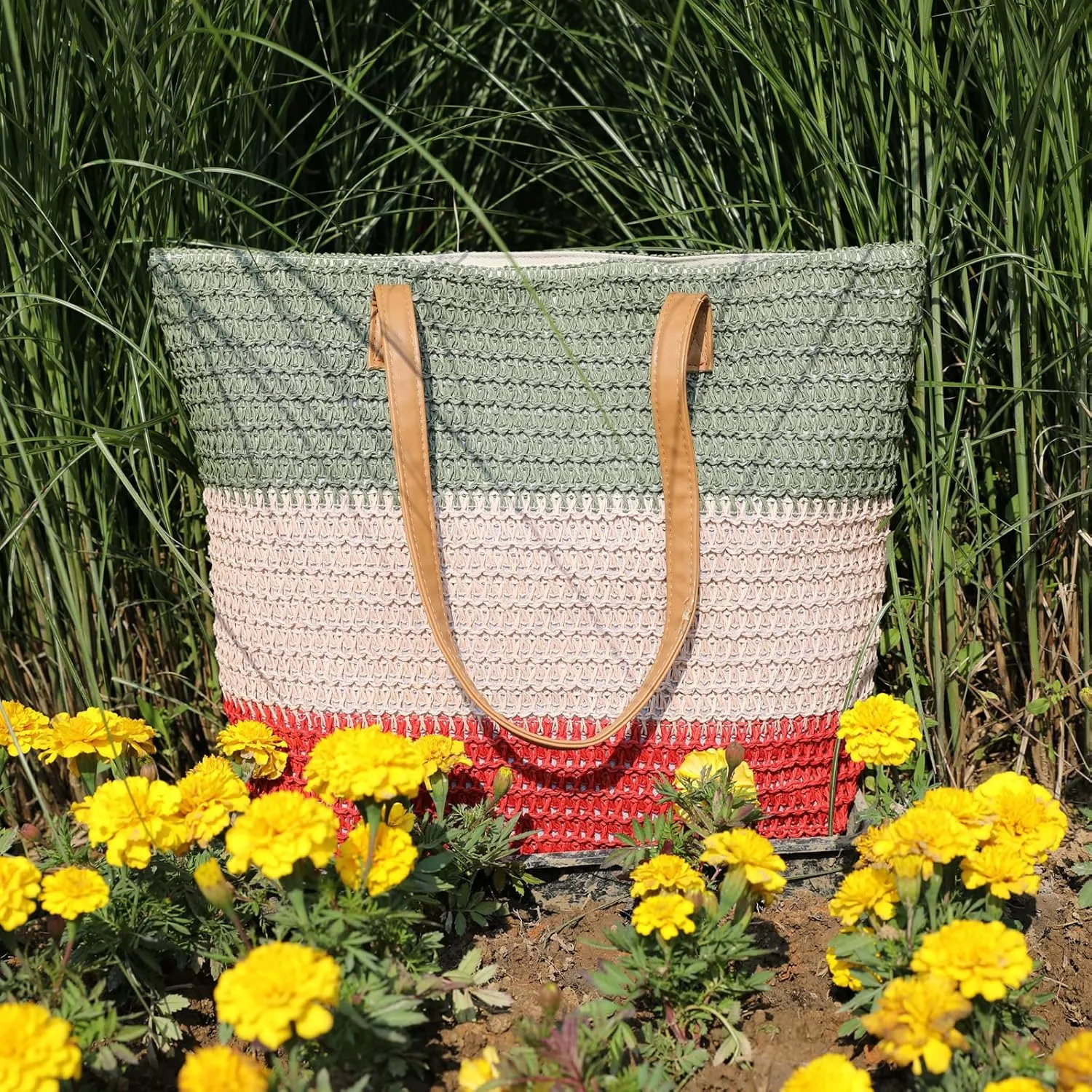 JNF Large Colorful Beach Bags for Women Straw Beach Tote bag Rattan Woven Crochet Beach Bags Boho Beach Towels Bag Set