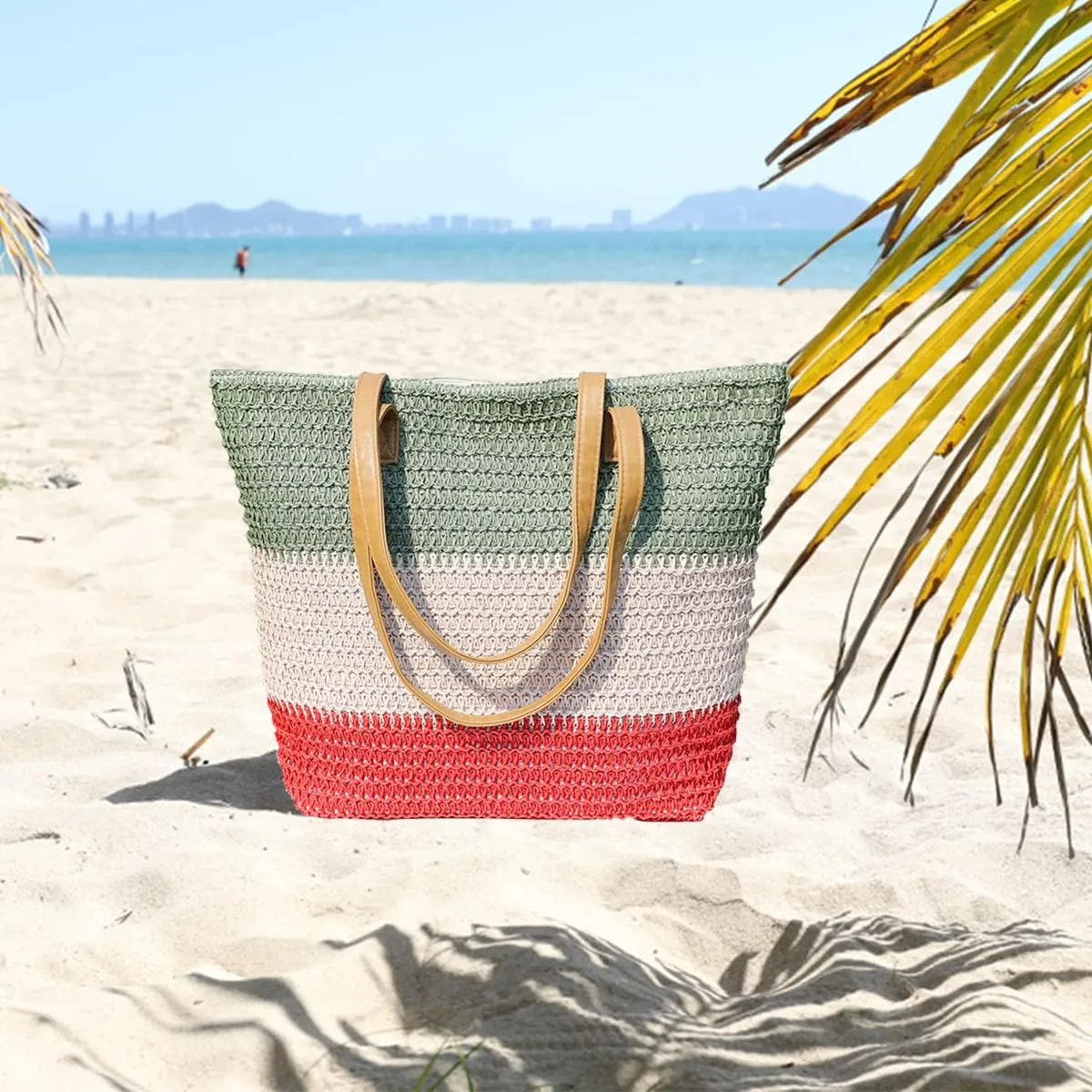 JNF Large Colorful Beach Bags for Women Straw Beach Tote bag Rattan Woven Crochet Beach Bags Boho Beach Towels Bag Set