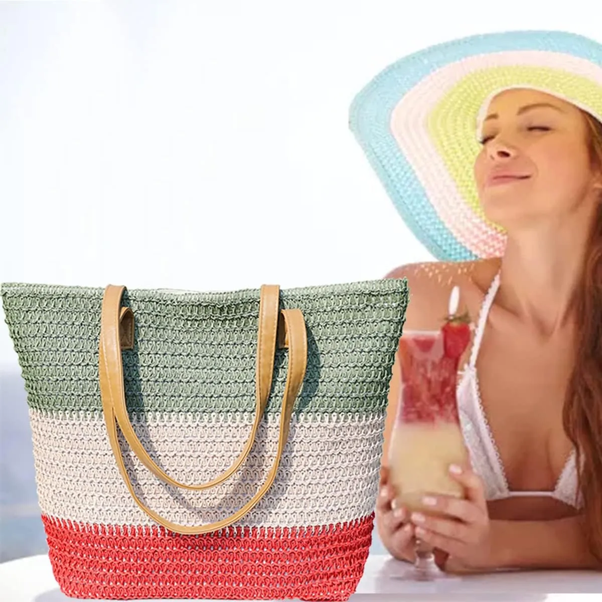 JNF Large Colorful Beach Bags for Women Straw Beach Tote bag Rattan Woven Crochet Beach Bags Boho Beach Towels Bag Set