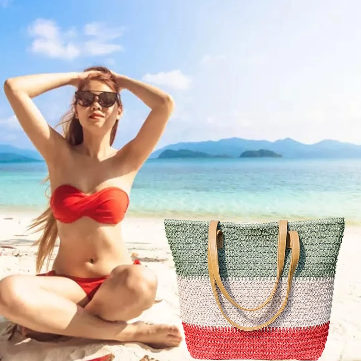 JNF Large Colorful Beach Bags for Women Straw Beach Tote bag Rattan Woven Crochet Beach Bags Boho Beach Towels Bag Set