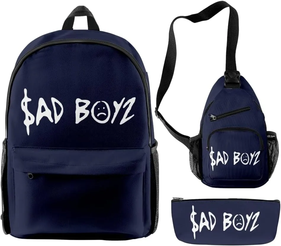 Junior H Sad Boyz Backpack Three Piece Set Casual Daypack Travel Bags (Navy)