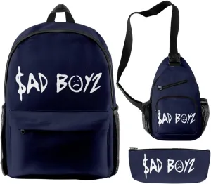 Junior H Sad Boyz Backpack Three Piece Set Casual Daypack Travel Bags (Navy)