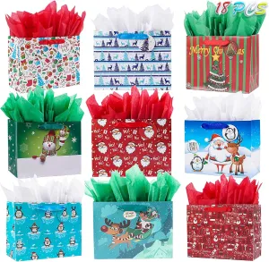 JWSCYSY 18 Pack Christmas Gift Paper Bags with Tissue Papers Bulk, Medium Christmas Gift Bags Assorted Desgins with Handles and Tags Christmas Xmas Holiday Party Supplies.