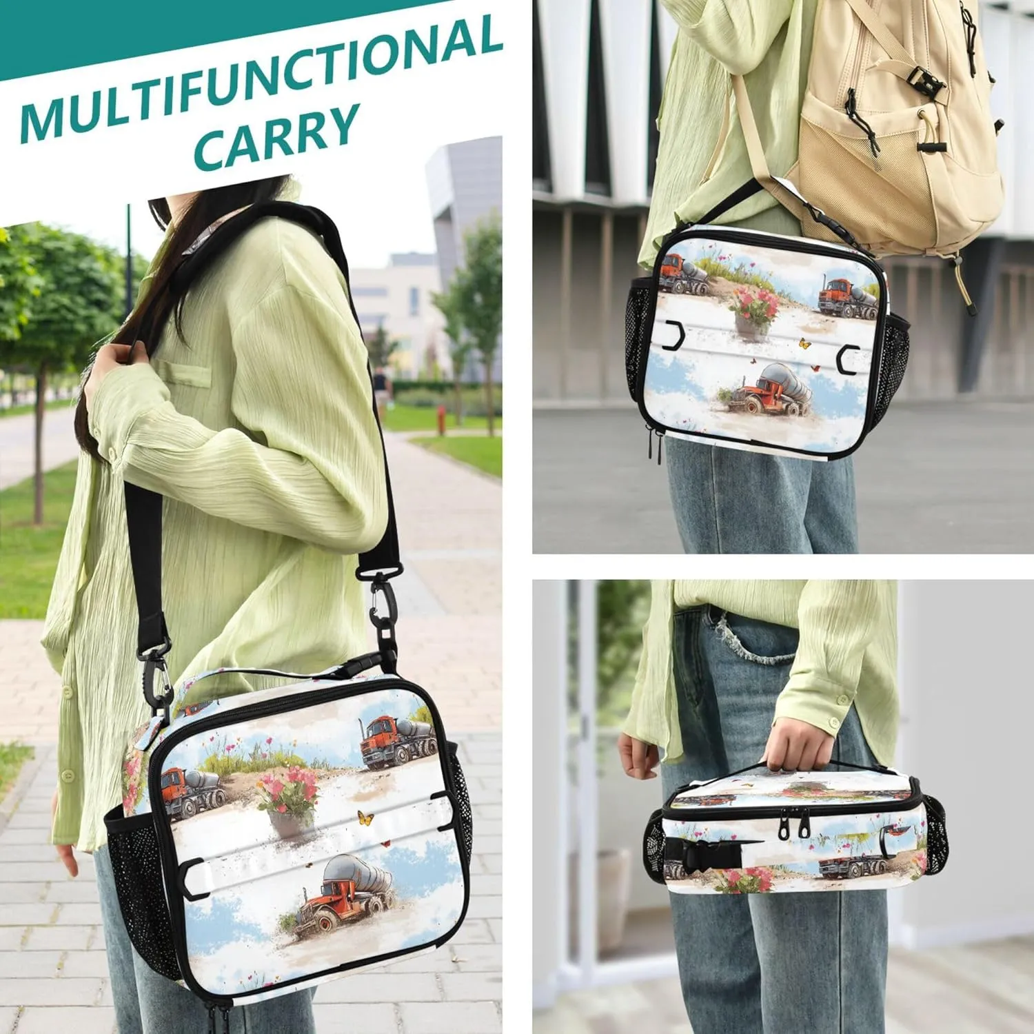 KLL Insulated Lunch Bags Zip Pockets Lunch Box for Men Shoulder Strap and Bottle Holder Insulated Bags for School Office Camping Picnic Construction Truck Cartoon Concrete Mixer Truck Flying Dust