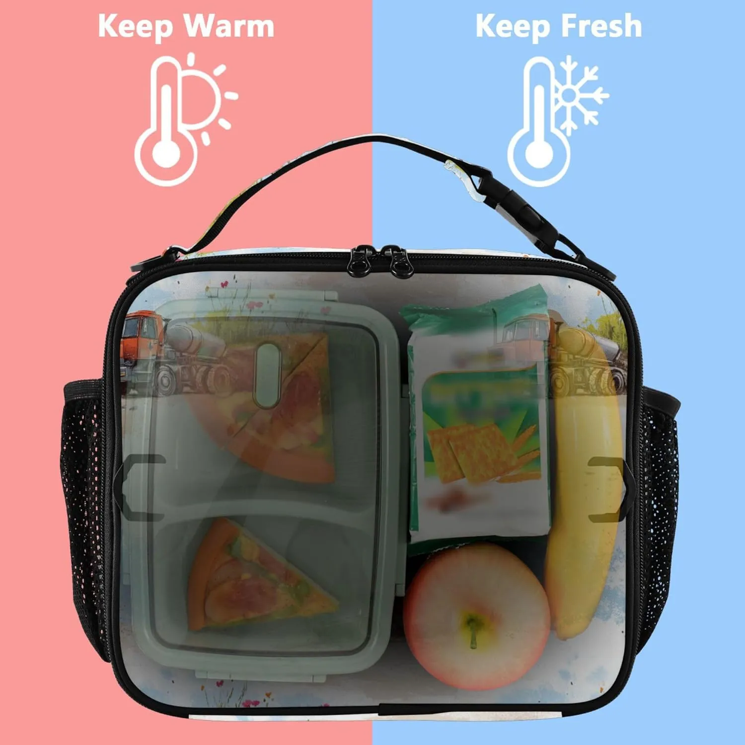 KLL Insulated Lunch Bags Zip Pockets Lunch Box for Men Shoulder Strap and Bottle Holder Insulated Bags for School Office Camping Picnic Construction Truck Cartoon Concrete Mixer Truck Flying Dust