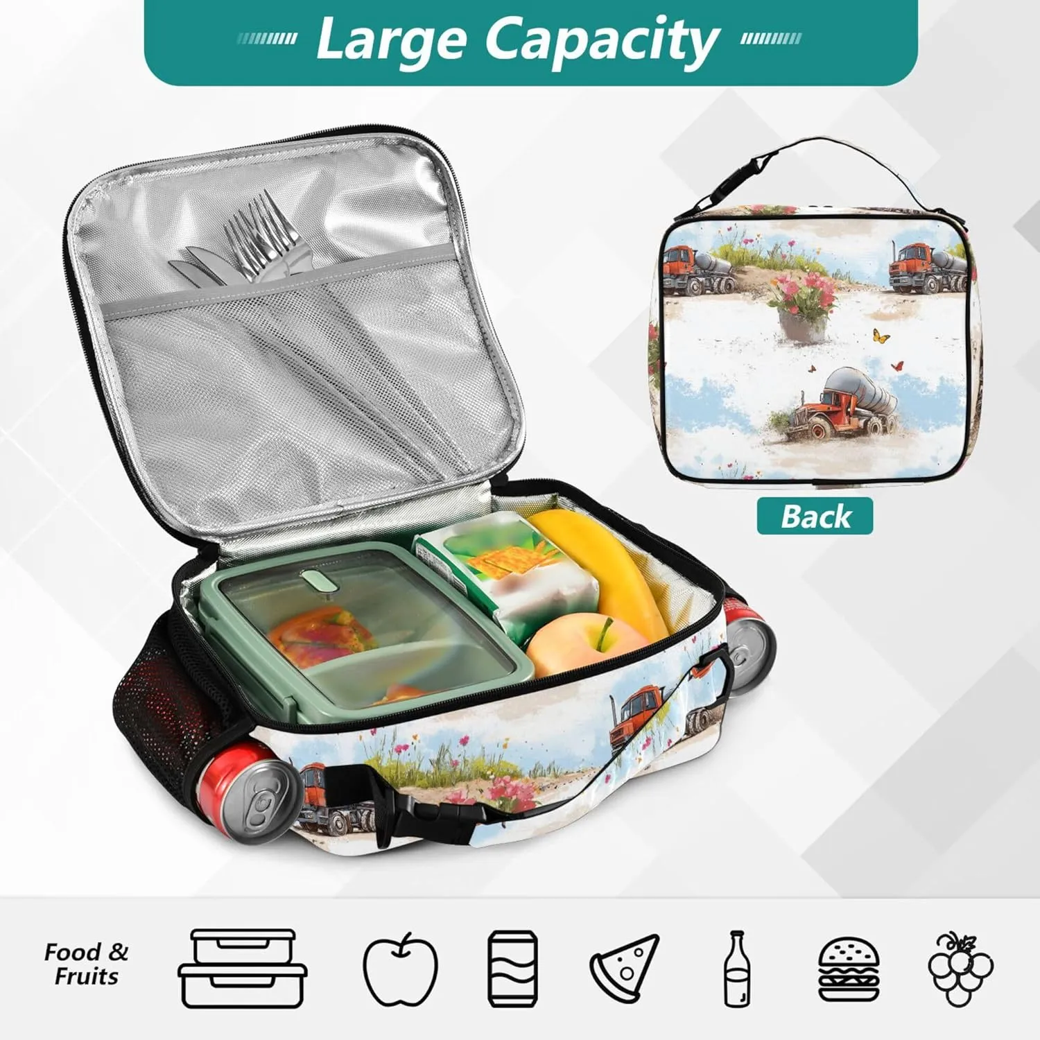 KLL Insulated Lunch Bags Zip Pockets Lunch Box for Men Shoulder Strap and Bottle Holder Insulated Bags for School Office Camping Picnic Construction Truck Cartoon Concrete Mixer Truck Flying Dust