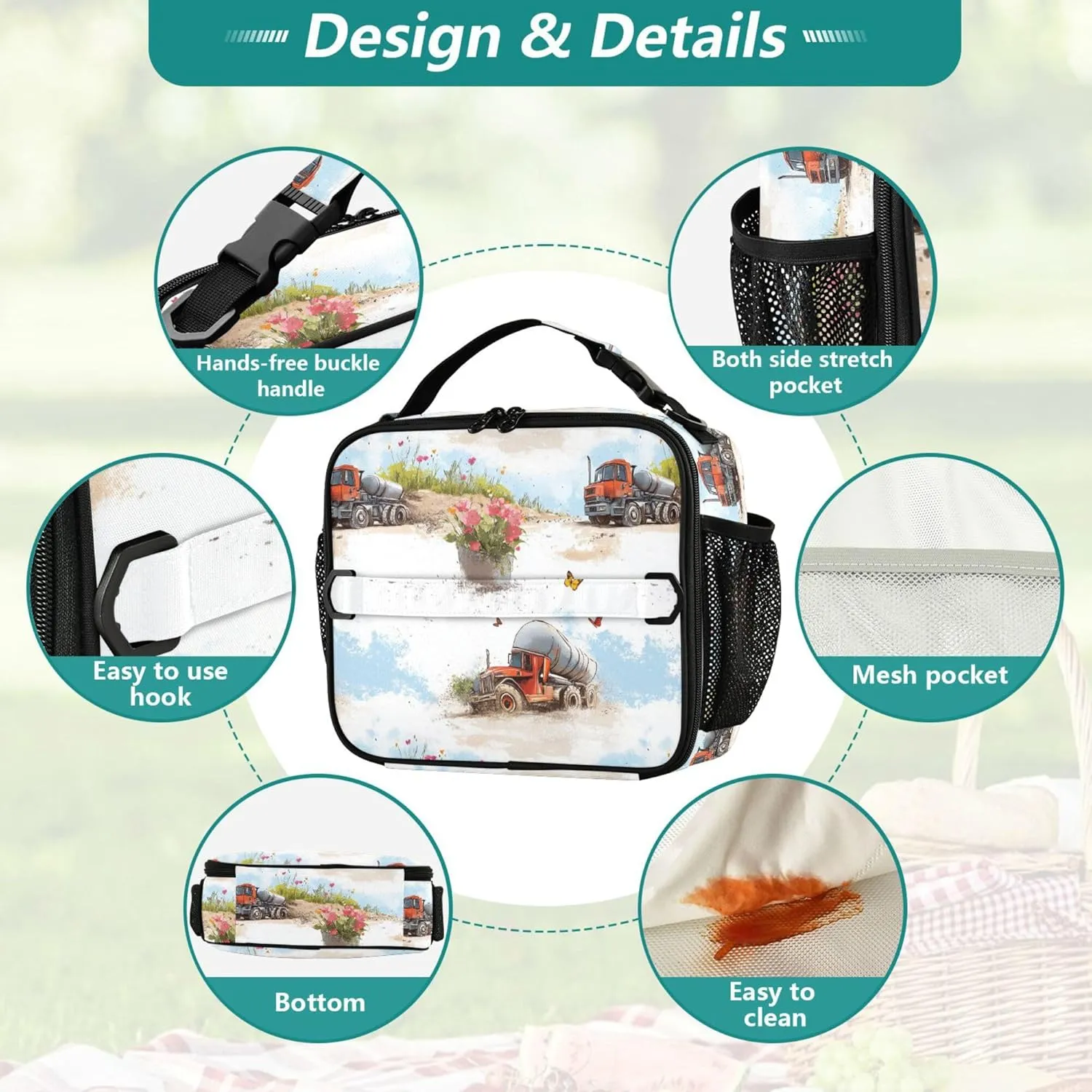 KLL Insulated Lunch Bags Zip Pockets Lunch Box for Men Shoulder Strap and Bottle Holder Insulated Bags for School Office Camping Picnic Construction Truck Cartoon Concrete Mixer Truck Flying Dust