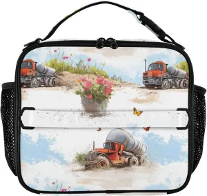 KLL Insulated Lunch Bags Zip Pockets Lunch Box for Men Shoulder Strap and Bottle Holder Insulated Bags for School Office Camping Picnic Construction Truck Cartoon Concrete Mixer Truck Flying Dust