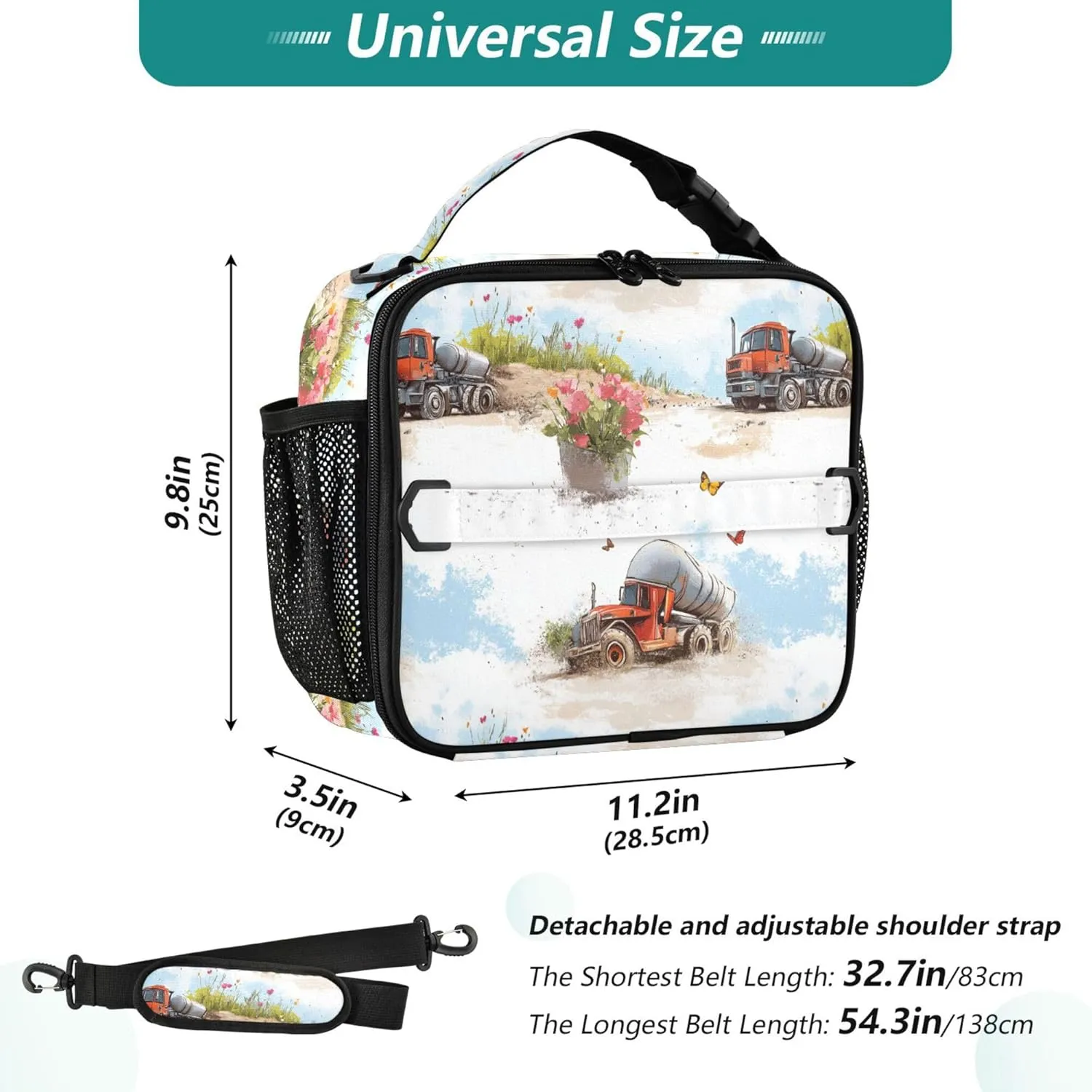 KLL Insulated Lunch Bags Zip Pockets Lunch Box for Men Shoulder Strap and Bottle Holder Insulated Bags for School Office Camping Picnic Construction Truck Cartoon Concrete Mixer Truck Flying Dust
