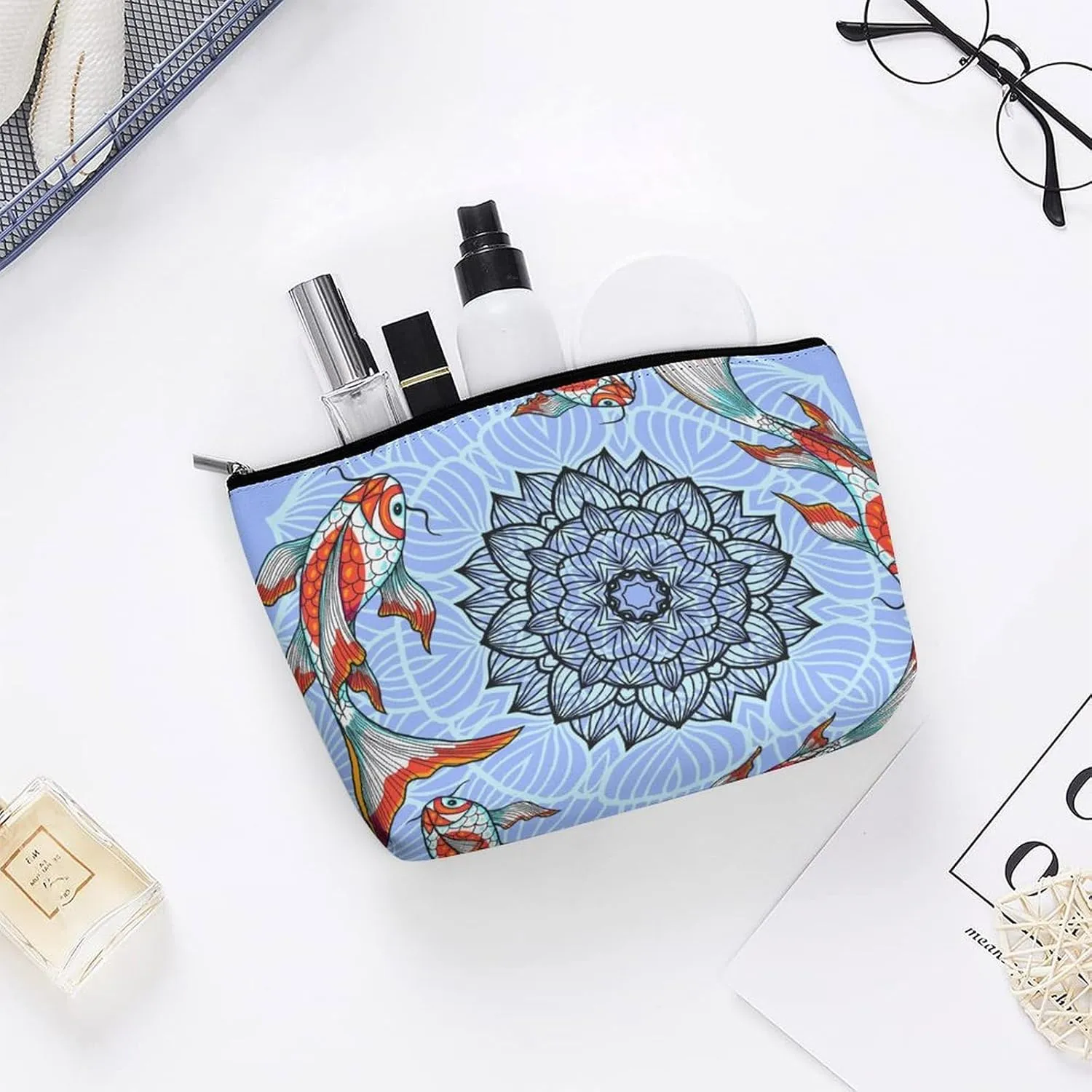 Koi Swimming Lotus Pattern Small Makeup Bag,cosmetic bag for Women, Travel Makeup Organizer for Daily Use,Make Up Pouch,Toiletry Bags for Traveling Women