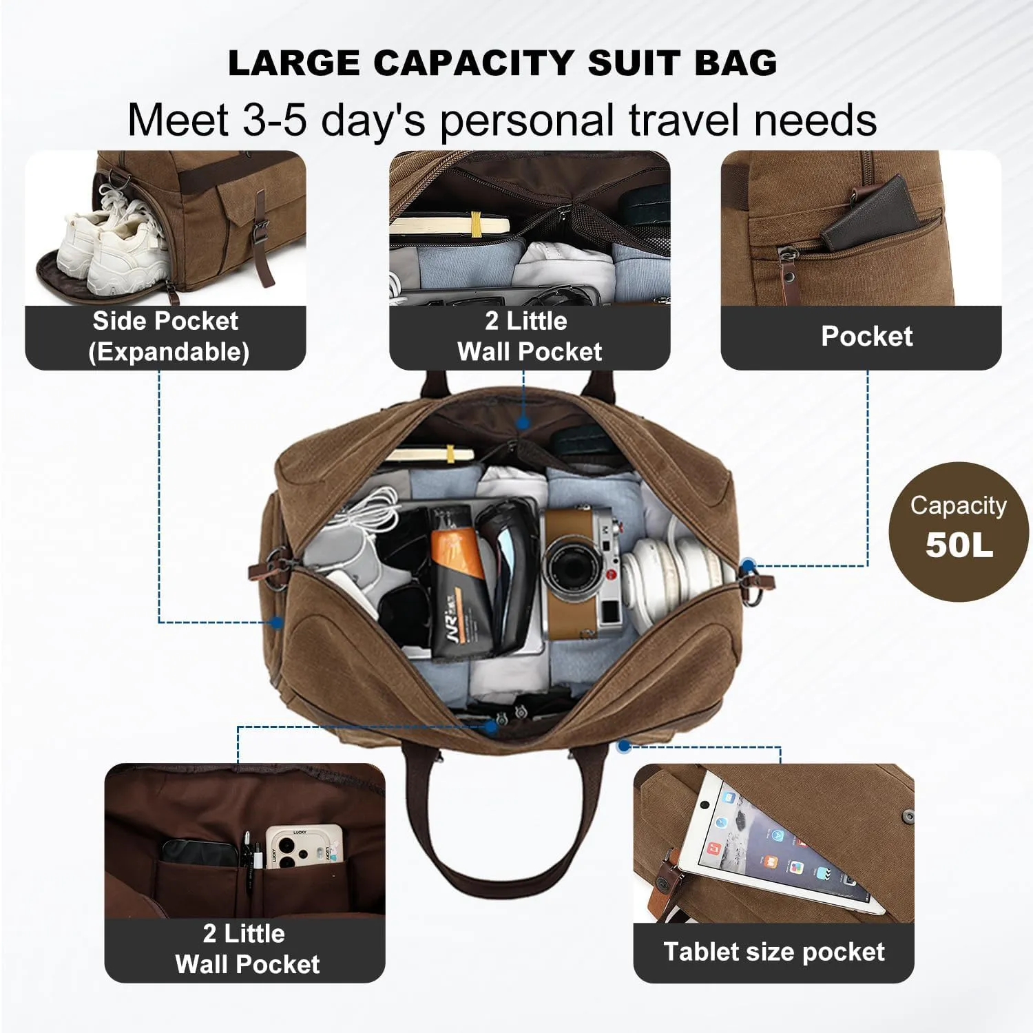 Koolehaoda Duffle Bag for Travel, 50L Canvas Travel Duffel Bags Overnight Weekend Gym Carry On Luggage Bag with Shoes Compartment Travel Bag for Men & Women (2020-Coffee)