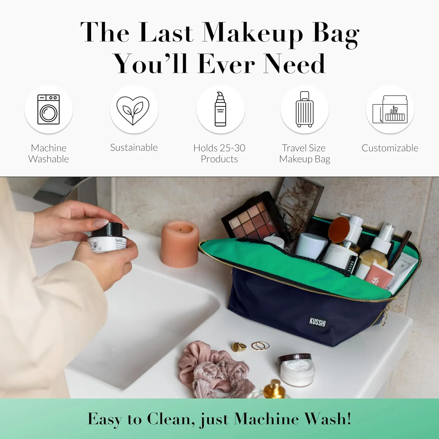 KUSSHI Washable Travel Makeup & Cosmetic Bag - Brush Organizer Sold Separately (Vacationer, Navy/Mint)
