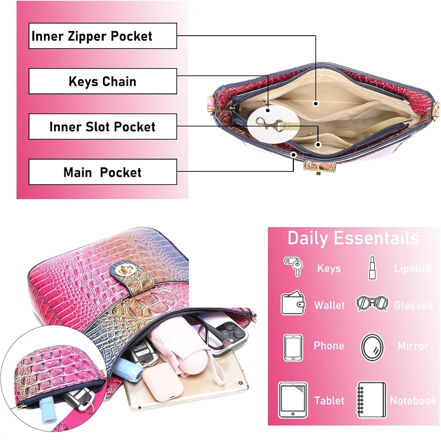 Ladies Tote Leather Bags for Women Crocodile Pattern HandBag Large Capacity Shoulder Purse