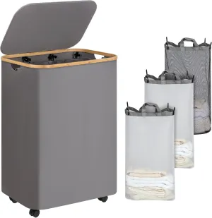 Lagre Laundry Basket with Wheels, Laundry Hamper with Lid, 160L Clothes Hamper for Laundry with 3 Liner Bags, for Laundry Room, Bedroom, Dormitory Organization,Grey