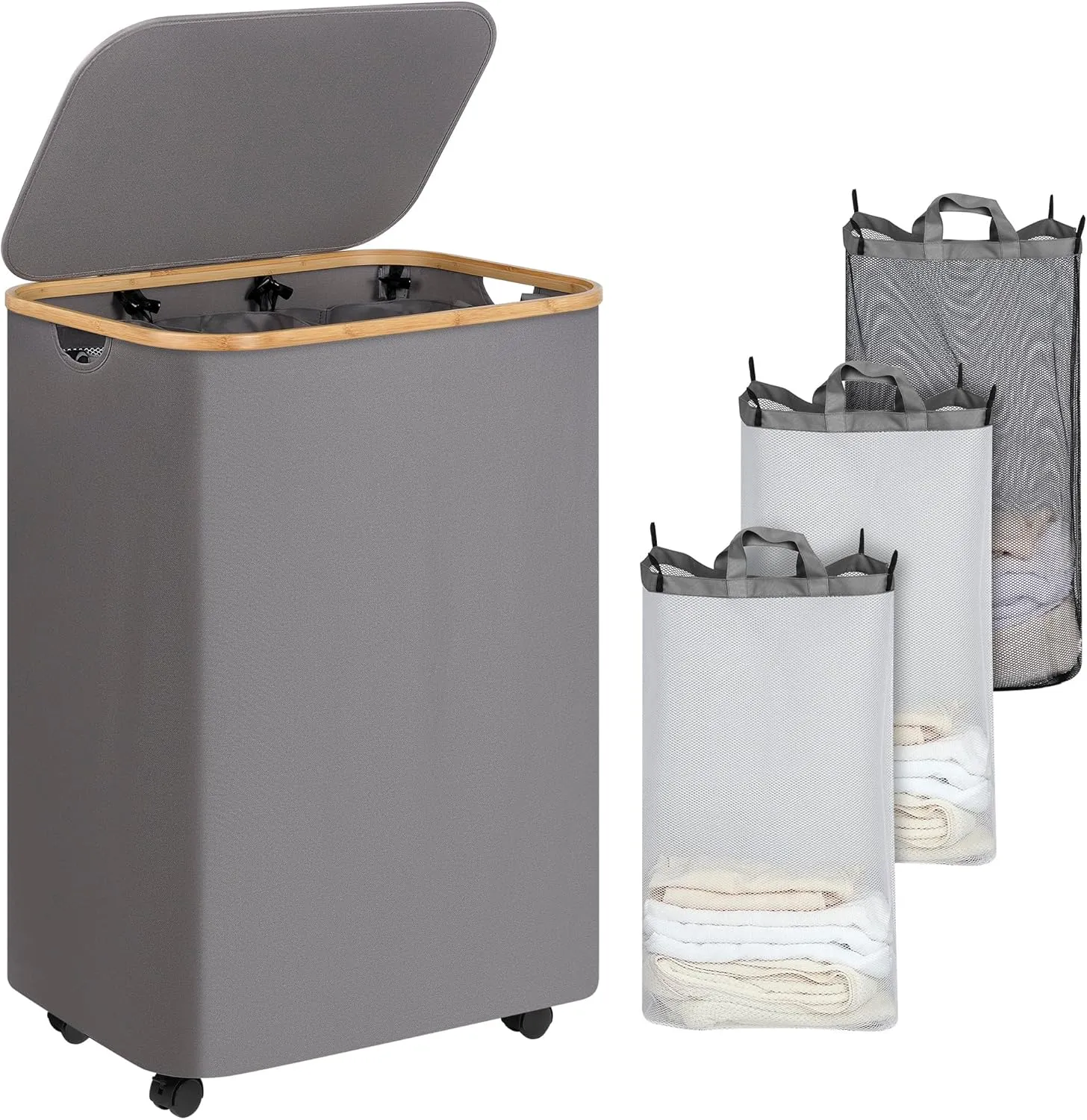 Lagre Laundry Basket with Wheels, Laundry Hamper with Lid, 160L Clothes Hamper for Laundry with 3 Liner Bags, for Laundry Room, Bedroom, Dormitory Organization,Grey