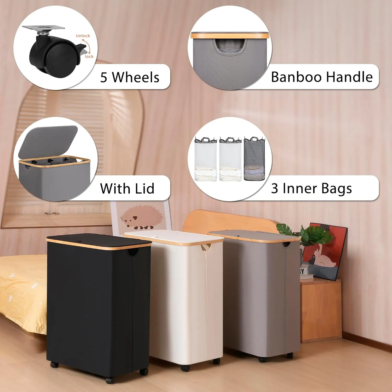 Lagre Laundry Basket with Wheels, Laundry Hamper with Lid, 160L Clothes Hamper for Laundry with 3 Liner Bags, for Laundry Room, Bedroom, Dormitory Organization,Grey