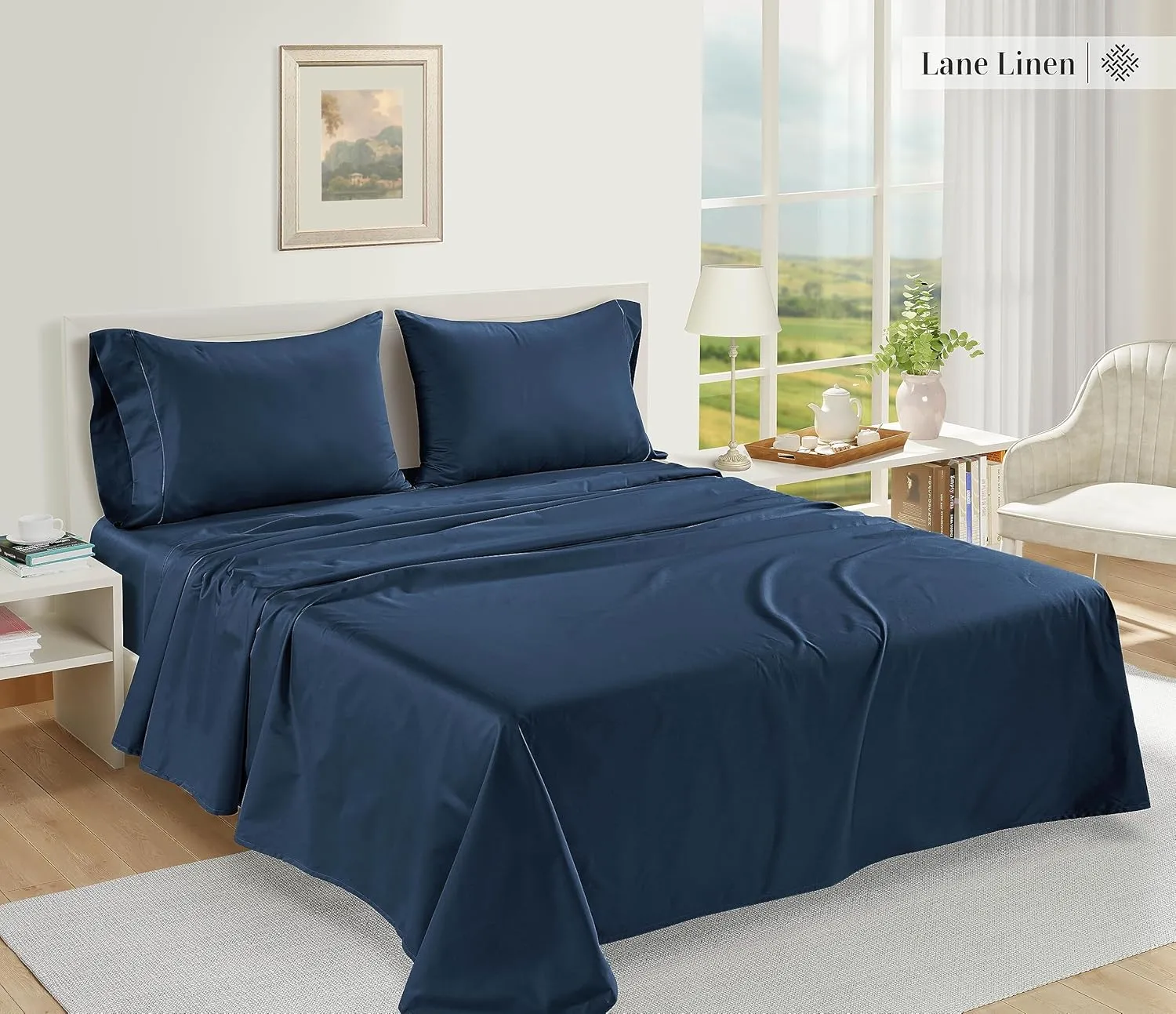 LANE LINEN 1000 TC 100% Egyptian Cotton Cal King Sheet Set, 16 inch Deep Pocket Fully Elasticized French Reinforced Pocket Seams for Soft, Comfy & Fresh Bed Eco Friendly Cooling Sheets -Estate Blue