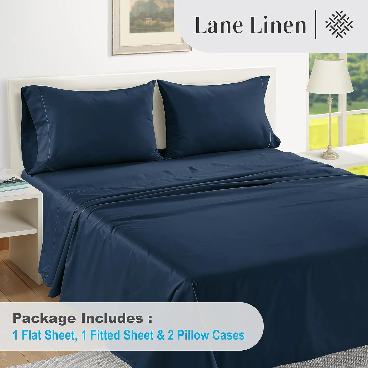 LANE LINEN 1000 TC 100% Egyptian Cotton Cal King Sheet Set, 16 inch Deep Pocket Fully Elasticized French Reinforced Pocket Seams for Soft, Comfy & Fresh Bed Eco Friendly Cooling Sheets -Estate Blue