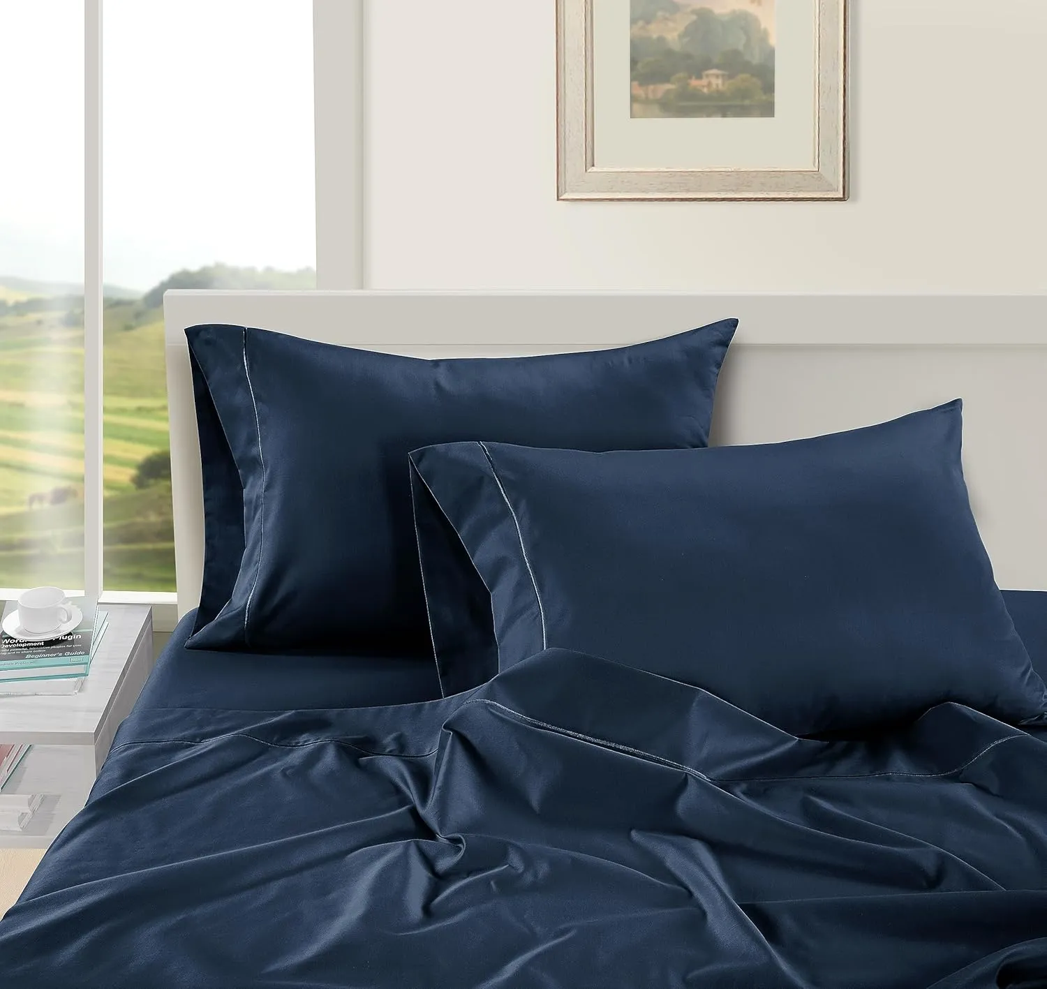LANE LINEN 1000 TC 100% Egyptian Cotton Cal King Sheet Set, 16 inch Deep Pocket Fully Elasticized French Reinforced Pocket Seams for Soft, Comfy & Fresh Bed Eco Friendly Cooling Sheets -Estate Blue