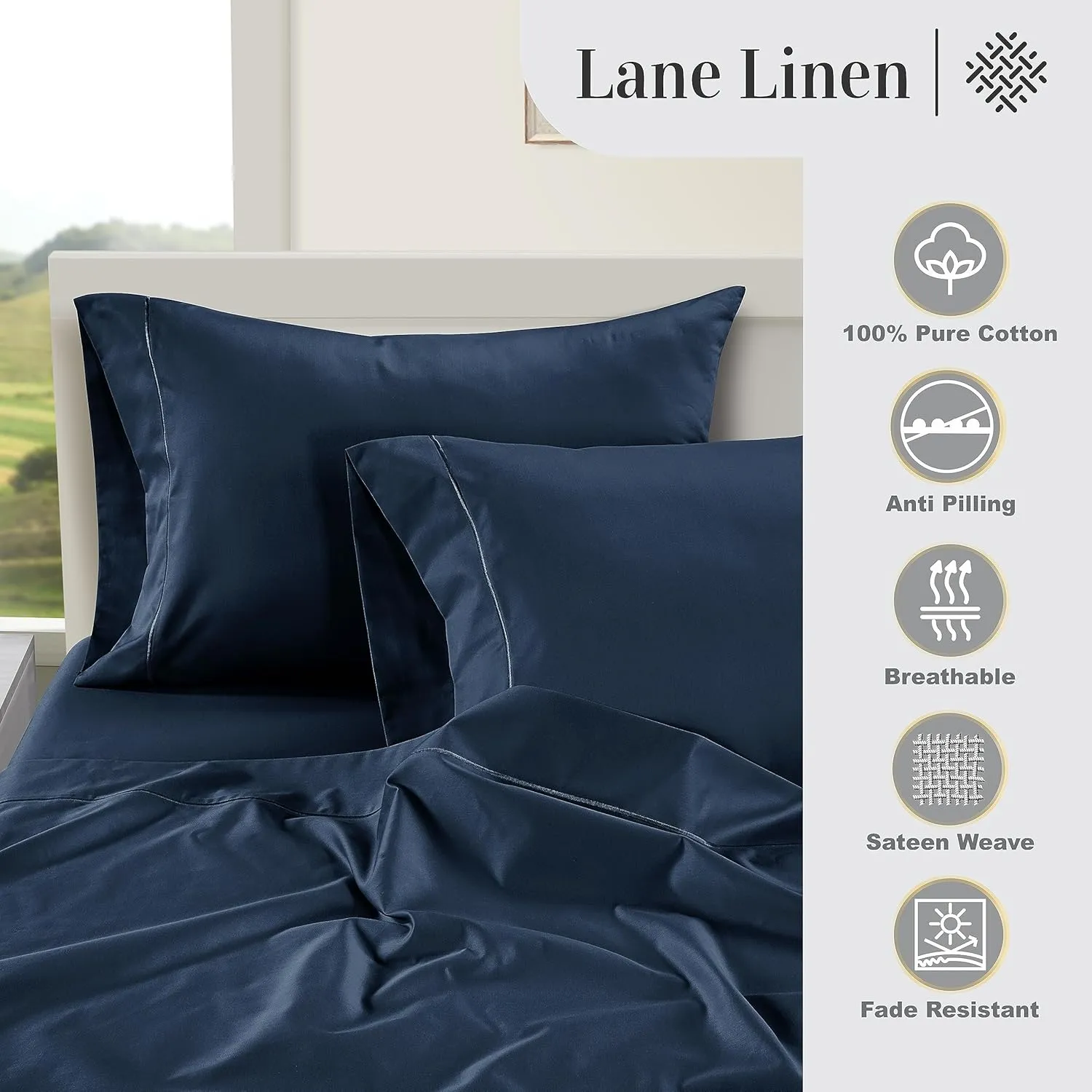 LANE LINEN 1000 TC 100% Egyptian Cotton Cal King Sheet Set, 16 inch Deep Pocket Fully Elasticized French Reinforced Pocket Seams for Soft, Comfy & Fresh Bed Eco Friendly Cooling Sheets -Estate Blue
