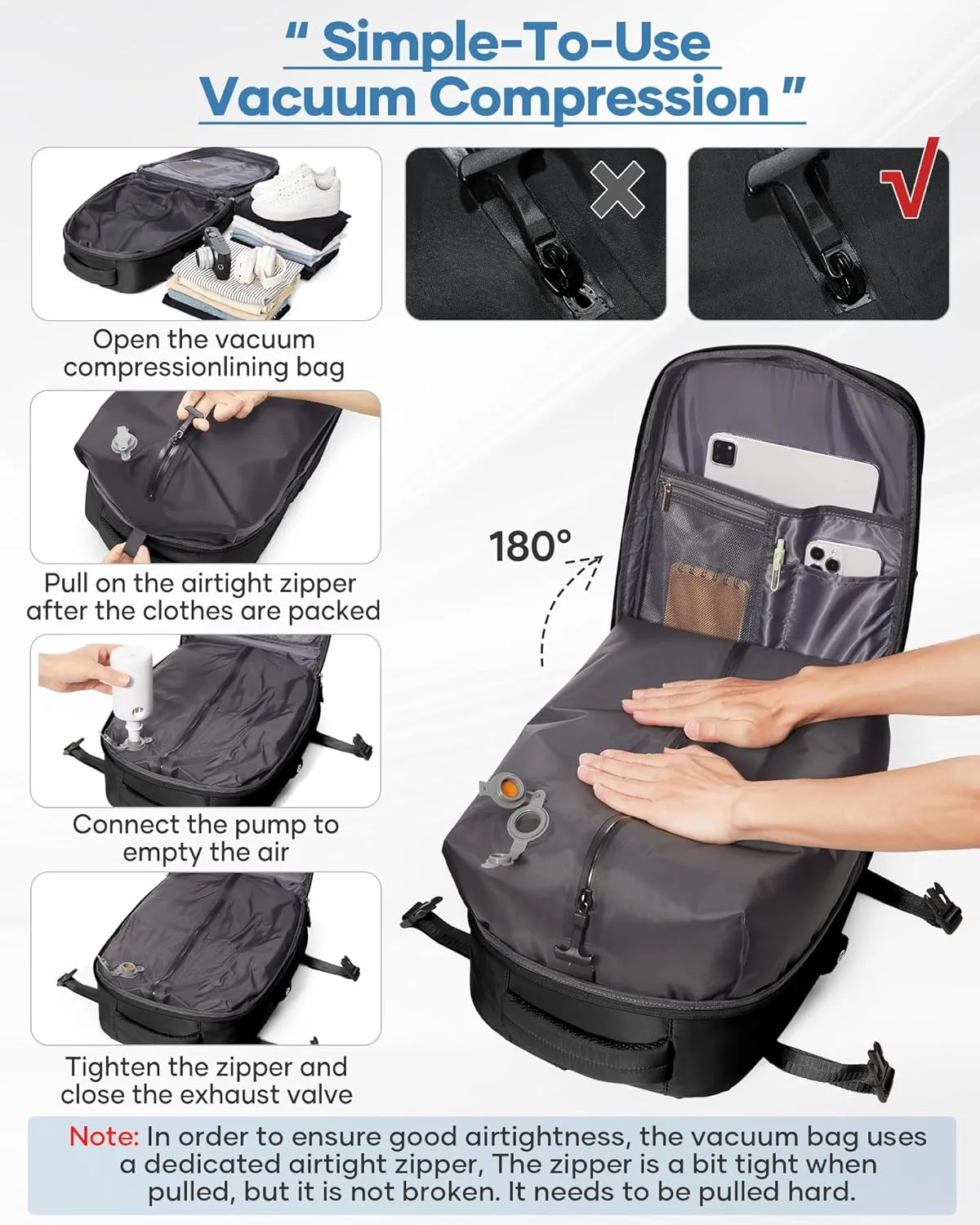 Large Airback Backpack with Vacuum Seal Compression, Waterproof Travel Flight Work Backpack Compression bags Casual Daypack with USB Charging Port, Black