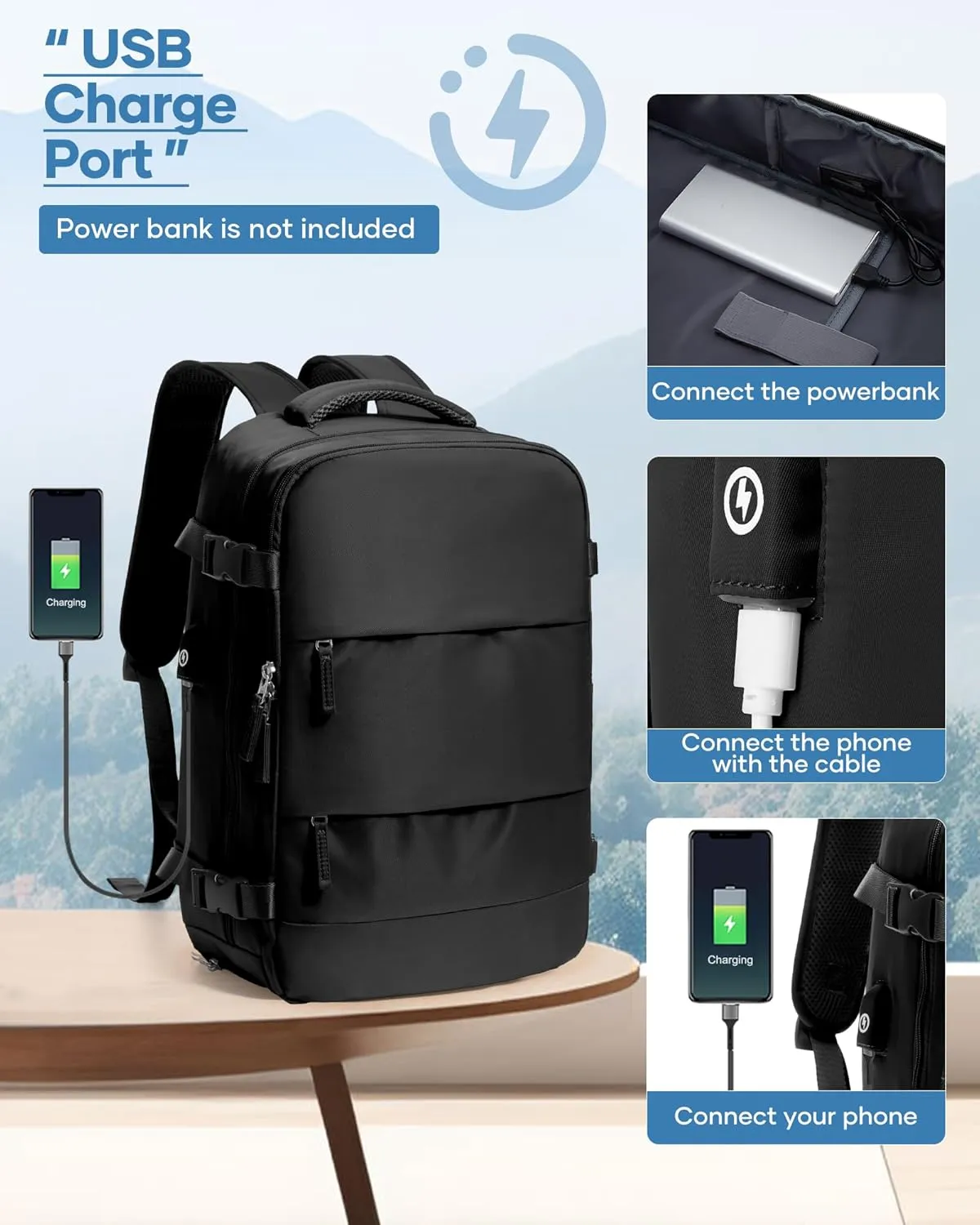 Large Airback Backpack with Vacuum Seal Compression, Waterproof Travel Flight Work Backpack Compression bags Casual Daypack with USB Charging Port, Black