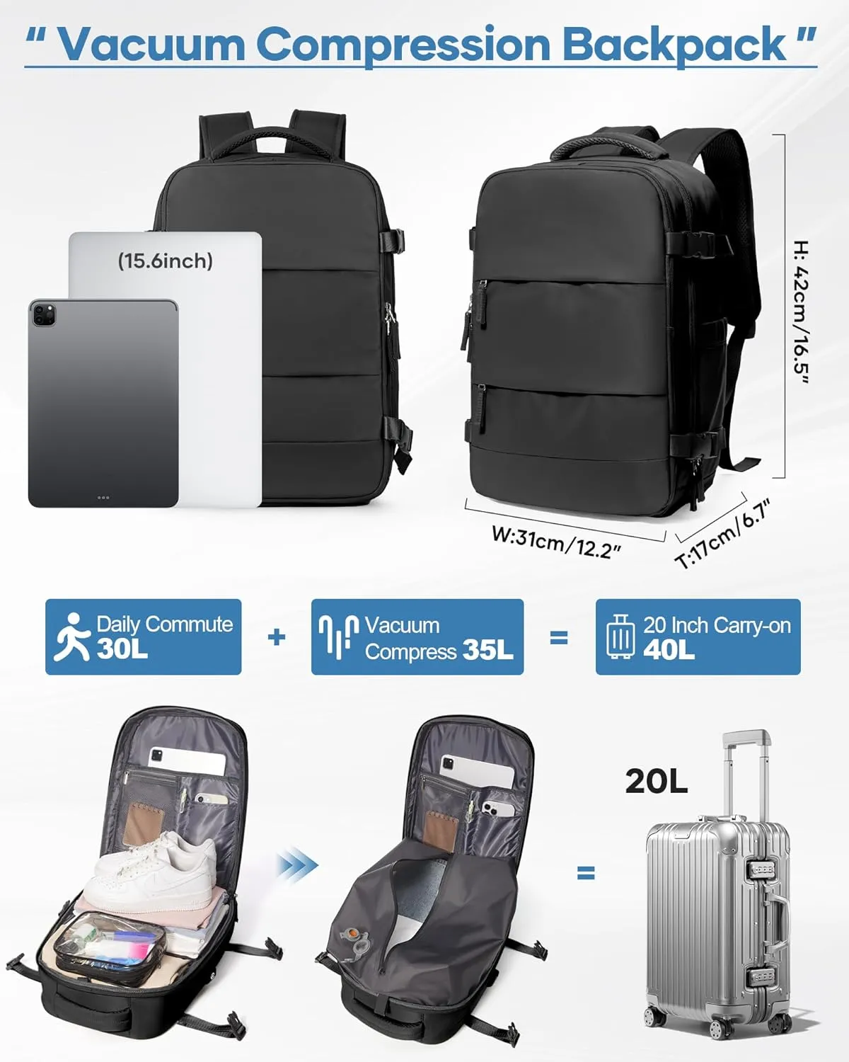 Large Airback Backpack with Vacuum Seal Compression, Waterproof Travel Flight Work Backpack Compression bags Casual Daypack with USB Charging Port, Black