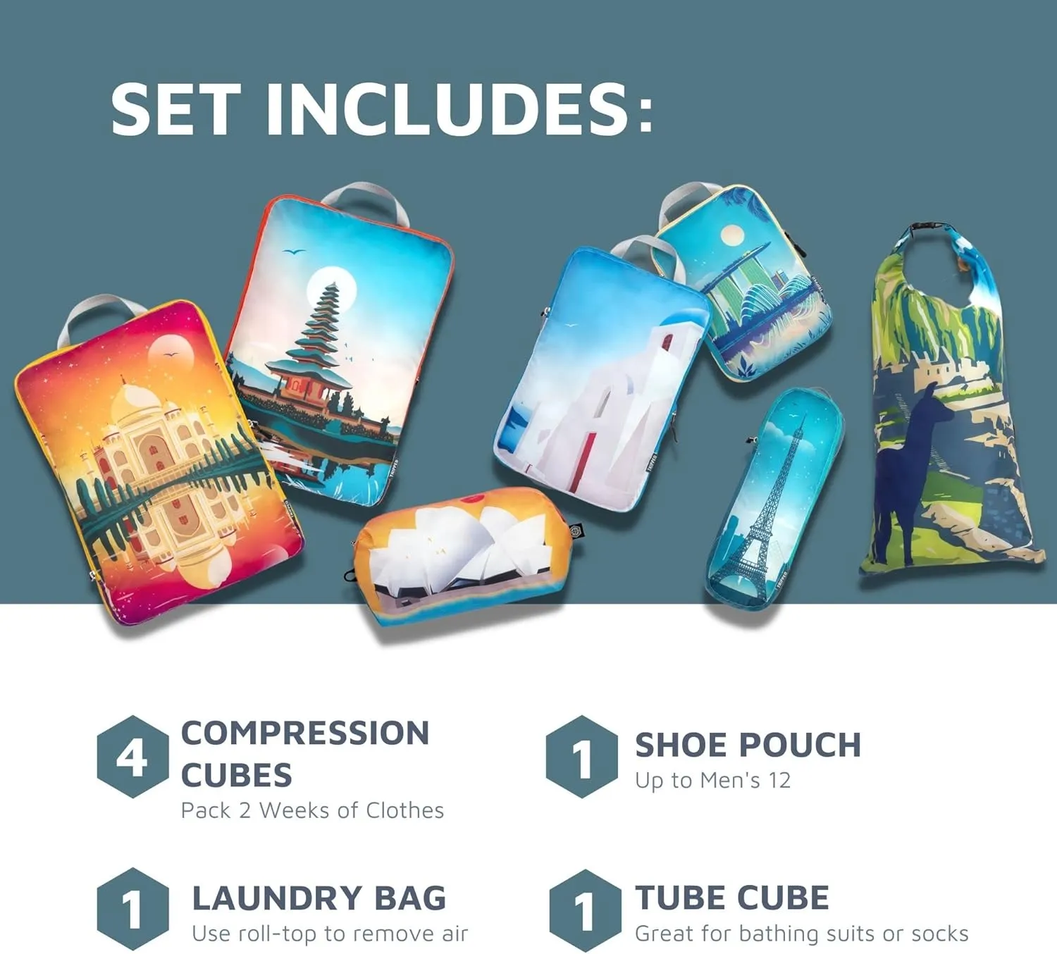 Large Compression Packing Cubes for Travel-Packing Cube Luggage Organizers 7 Piece Set for Checked Luggage-Ultralight, Expandable/Compression Bags by TRIPPED Travel Gear (Bucketlist)