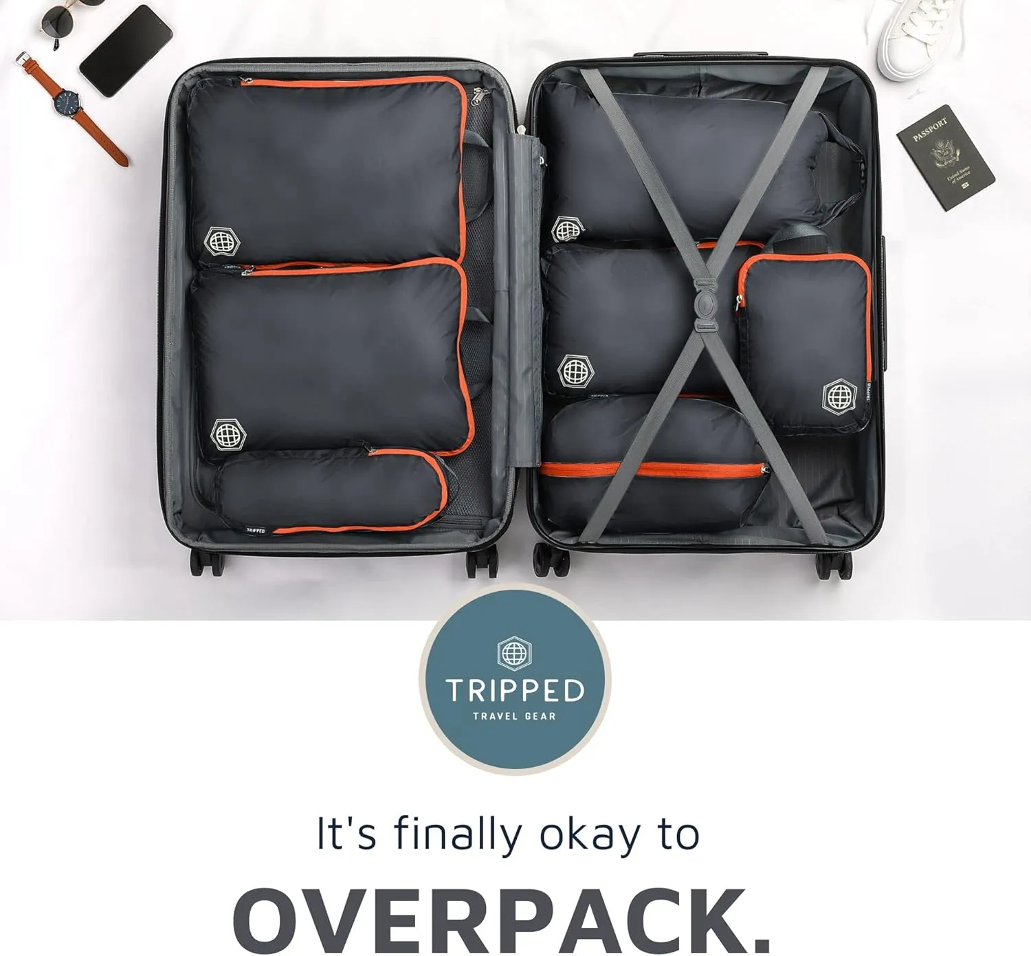 Large Compression Packing Cubes for Travel-Packing Cube Luggage Organizers 7 Piece Set for Checked Luggage-Ultralight, Expandable/Compression Bags by TRIPPED Travel Gear (Grey/Orange)