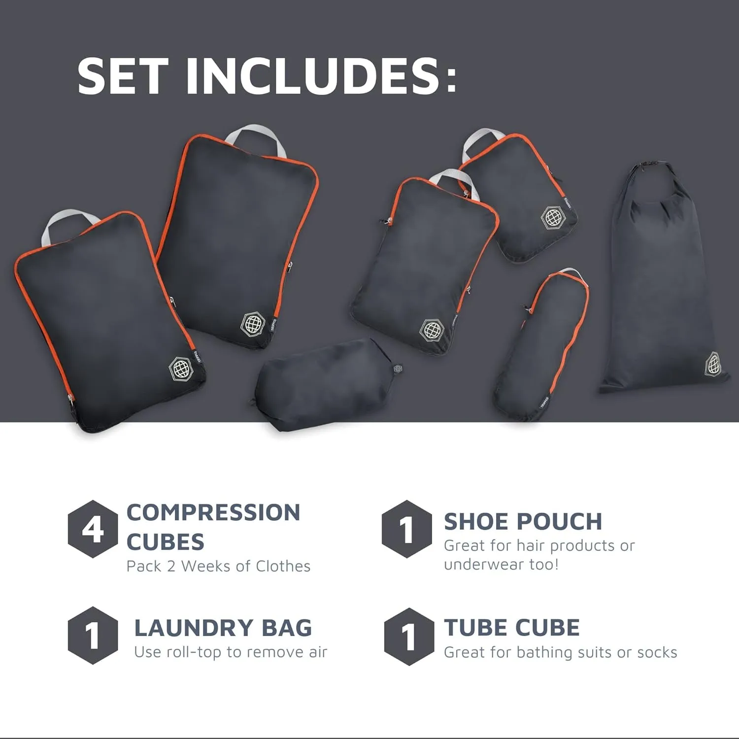 Large Compression Packing Cubes for Travel-Packing Cube Luggage Organizers 7 Piece Set for Checked Luggage-Ultralight, Expandable/Compression Bags by TRIPPED Travel Gear (Grey/Orange)