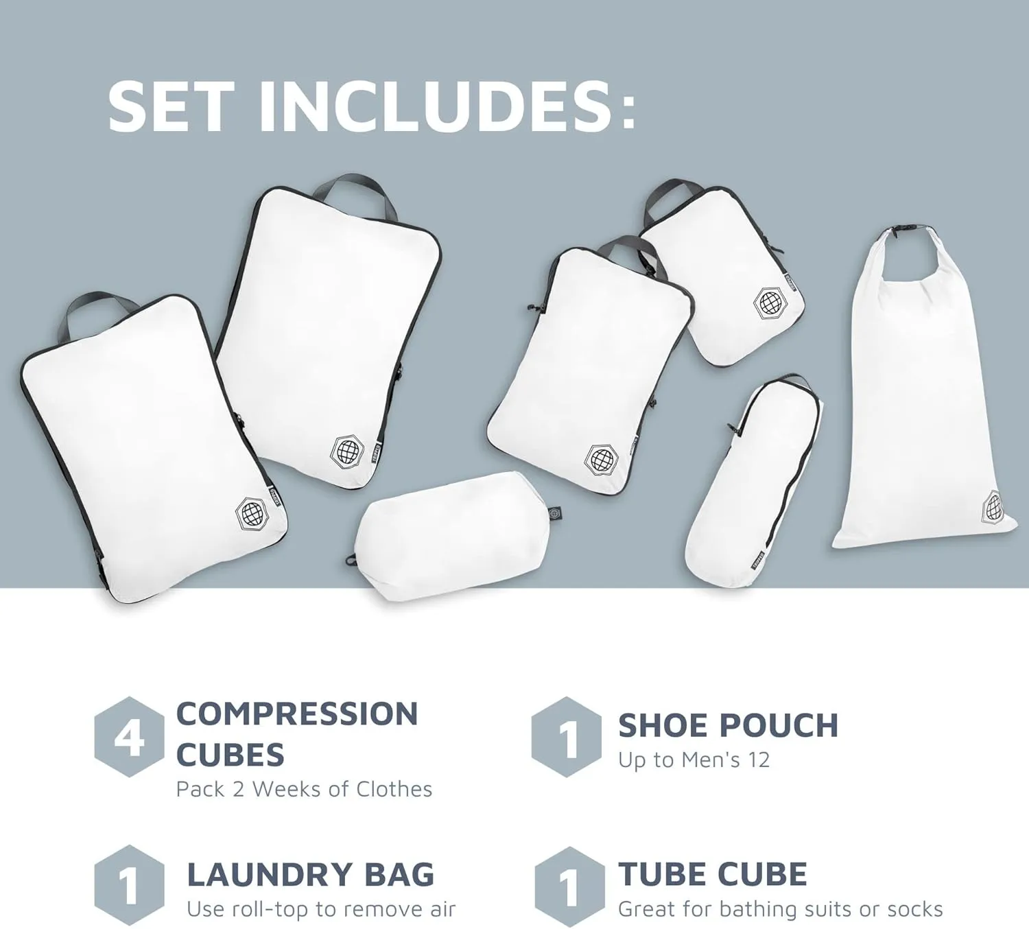 Large Compression Packing Cubes for Travel-Packing Cube Luggage Organizers 7 Piece Set for Checked Luggage-Ultralight, Expandable/Compression Bags by TRIPPED Travel Gear (White/Grey)