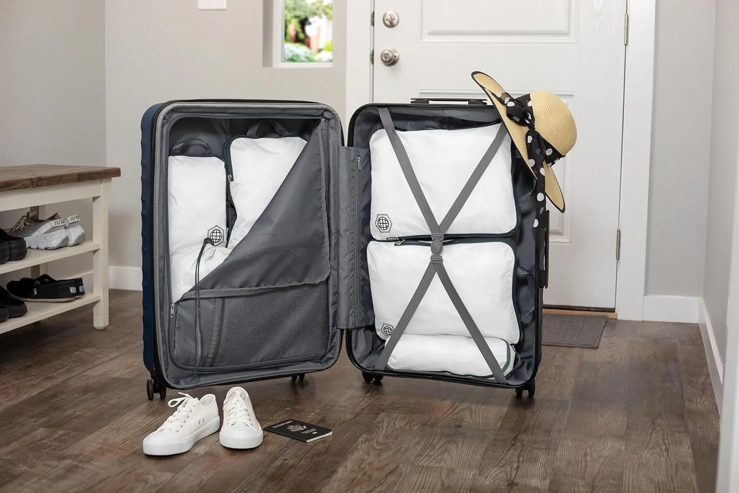 Large Compression Packing Cubes for Travel-Packing Cube Luggage Organizers 7 Piece Set for Checked Luggage-Ultralight, Expandable/Compression Bags by TRIPPED Travel Gear (White/Grey)