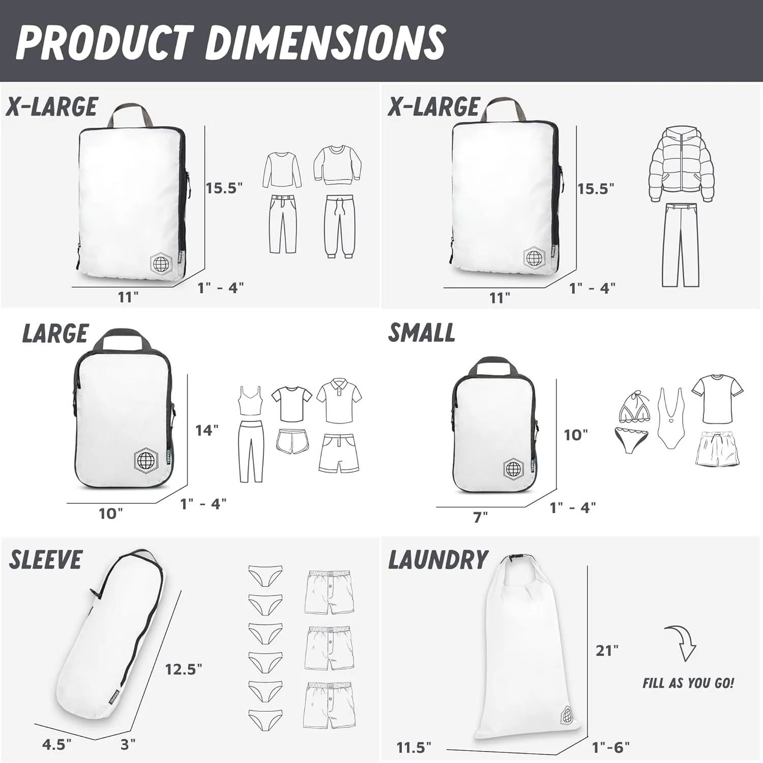 Large Compression Packing Cubes for Travel-Packing Cube Luggage Organizers 7 Piece Set for Checked Luggage-Ultralight, Expandable/Compression Bags by TRIPPED Travel Gear (White/Grey)
