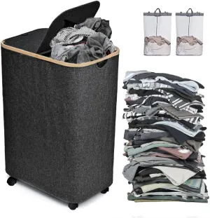 Large Laundry Hamper with Wheels and Lid | 144L Collapsible Laundry Baskets with Removable Bag | Dirty Clothes Hamper for Bedroom, Dorm | CarzyHome Double Rolling Laundry Basket with Handles - Black